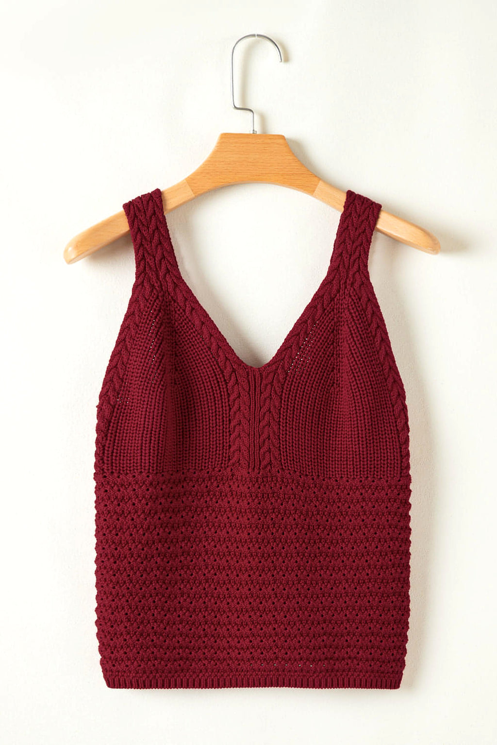 Burgundy Cable Knit Pointelle Slim Fit V Neck Sweater Vest - enhanced image 6