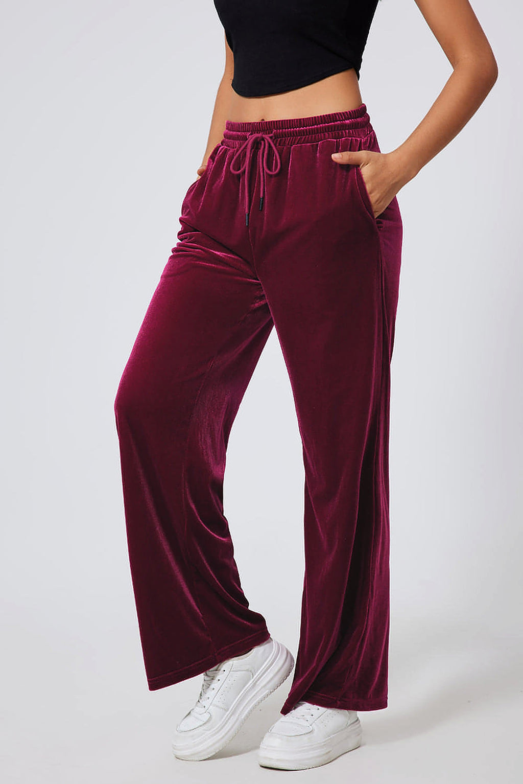 Burgundy Solid Drawstring Waist Wide Leg Pants - enhanced image 6