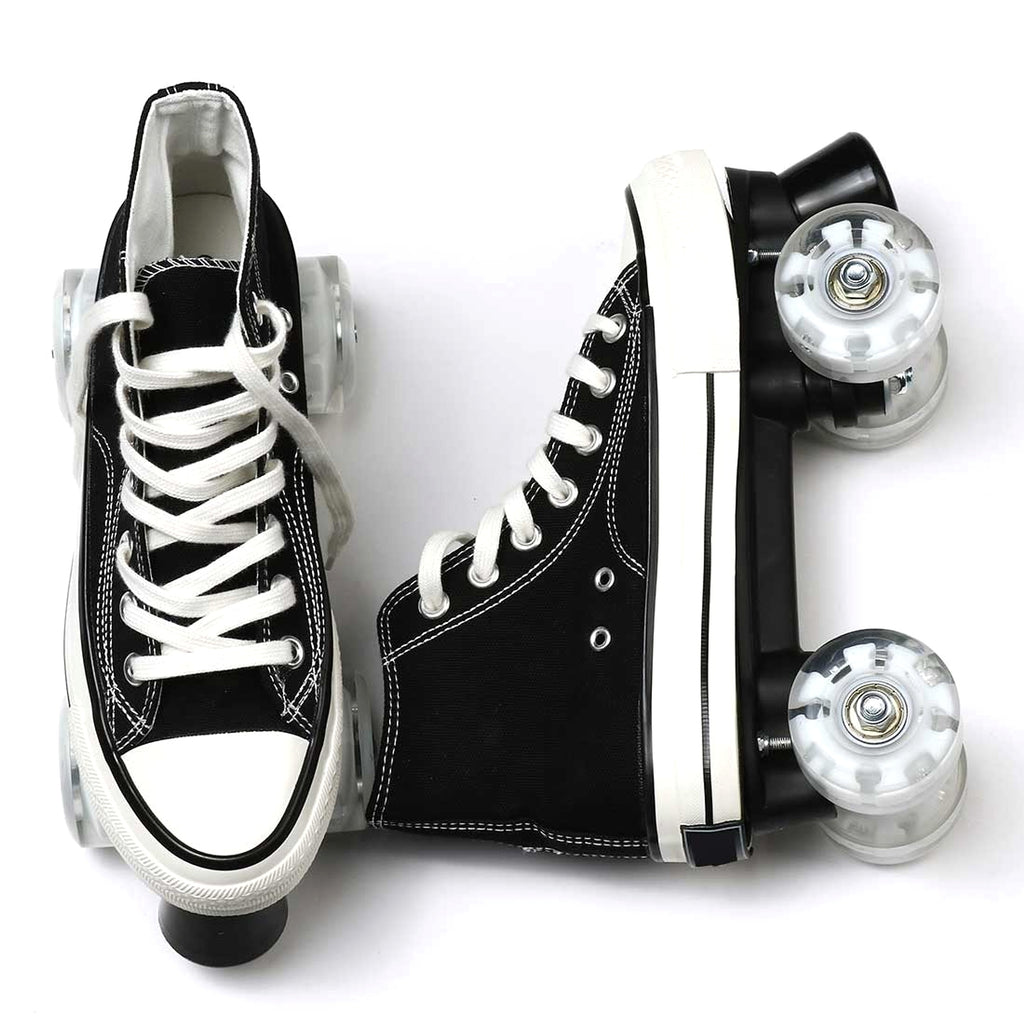 Canvas Black White Double Row Skates Adult Flash Roller Skating Rink Roller Skates - enhanced image 6