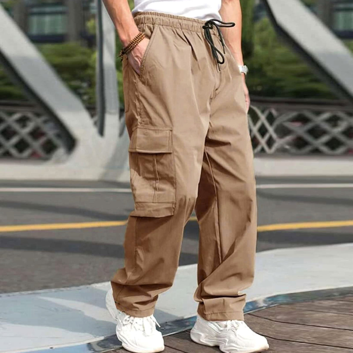 Casual Cargo Pants For Men Loose Straight Drawstring Waist Trousers With Pockets - enhanced image 6