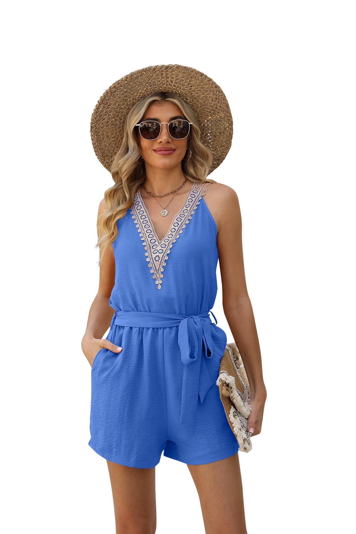 A.1 Casual Lace V-neck Sleeveless Belt Jumpsuit - enhanced image 6