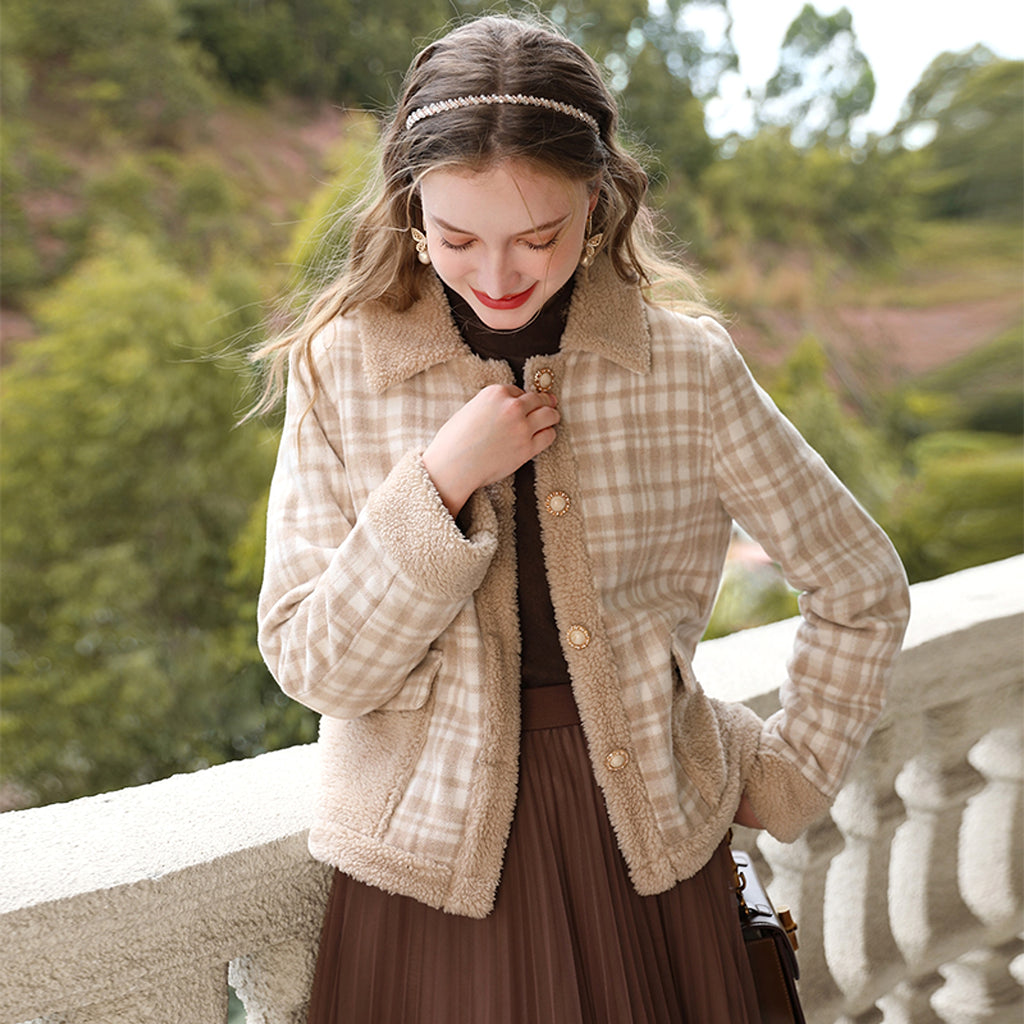 Checkered Lamb Cashmere Patchwork Cotton Jacket For Women - enhanced image 6