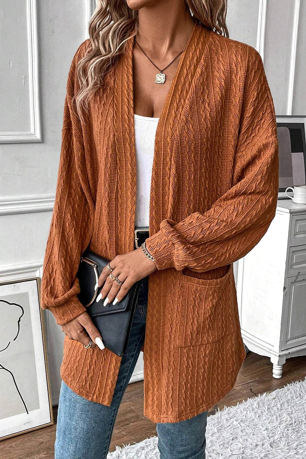 Chestnut Textured Knit Side Pockets Open Front Cardigan - enhanced image 6