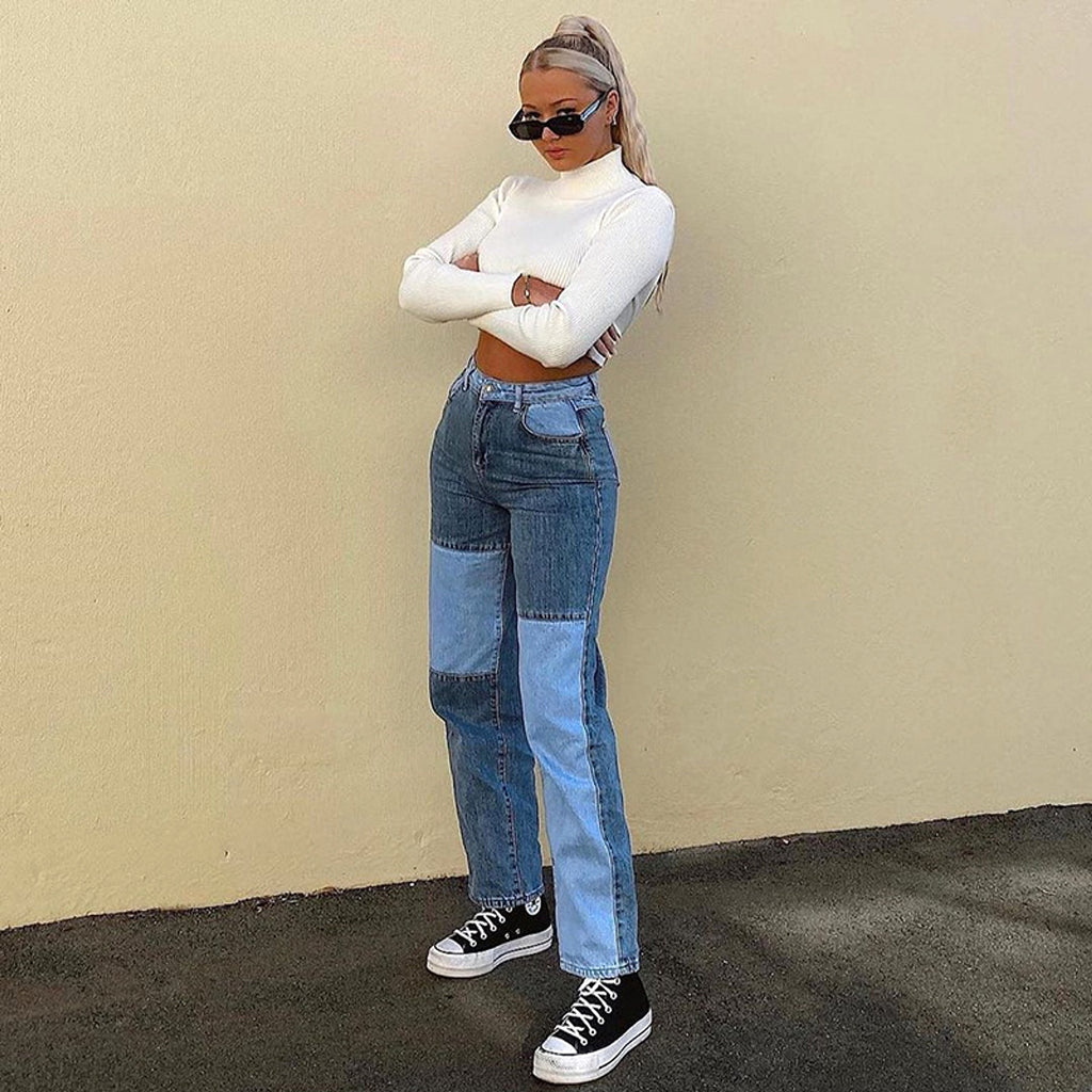 Contrasting Stitching High-rise Straight-leg Jeans Women - enhanced image 6