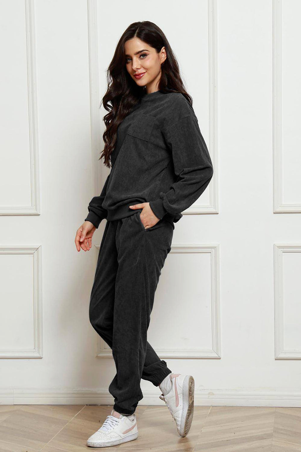 Corduroy Round Neck Sweatshirt and Sweatpants Set - enhanced image 6