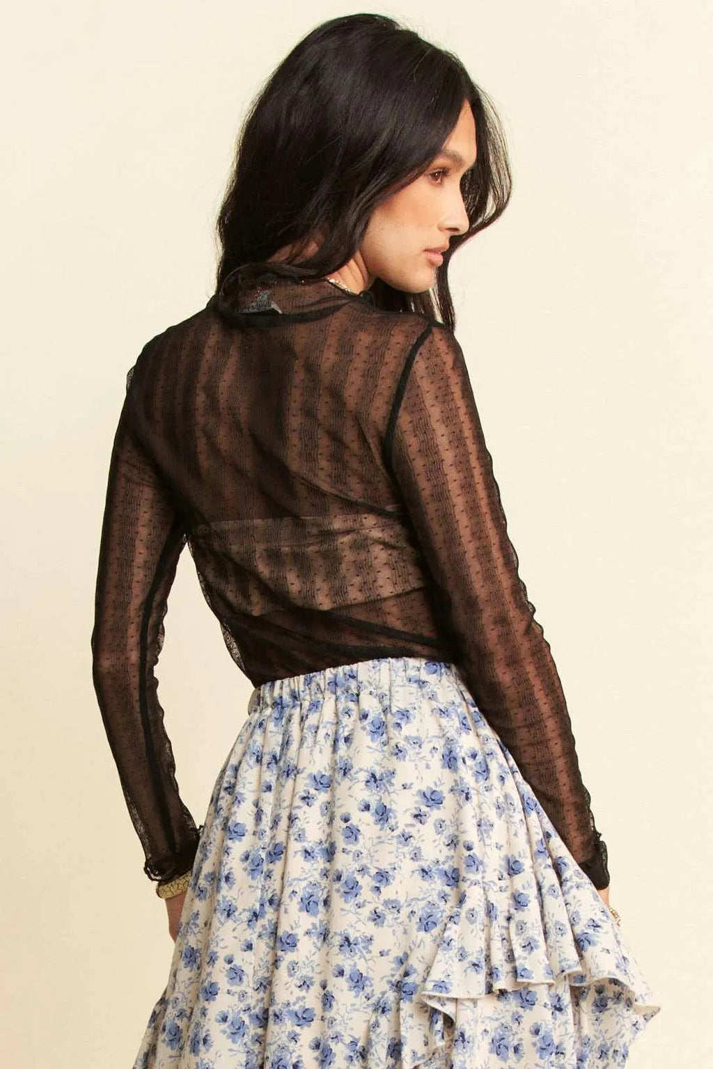 Davi & Dani Turtle Neck Lace Dotted Stretch Mesh Sheer Top - enhanced image 6