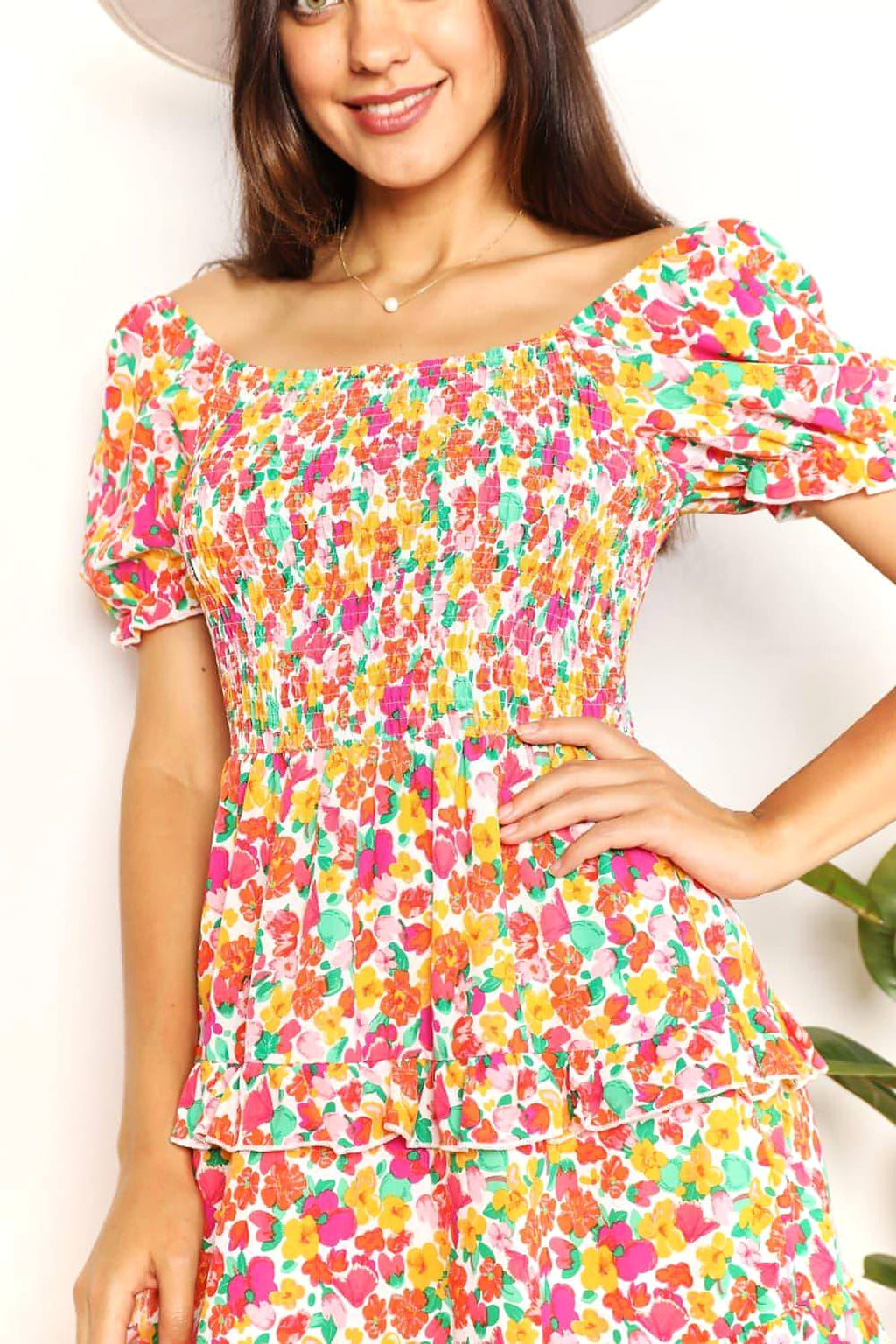 Devine Smocked Sweetheart Neck Flounce Sleeve Mini Dress - enhanced image 6