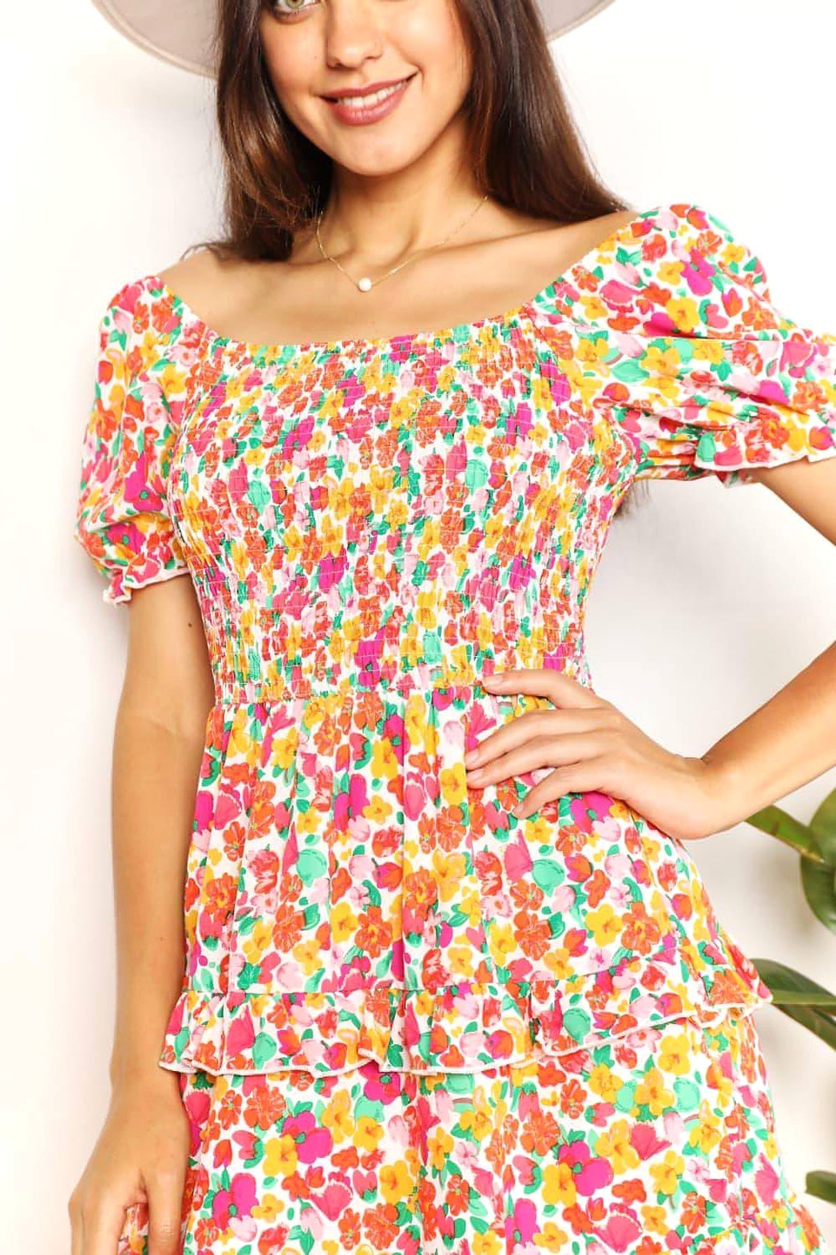 Devine Smocked Sweetheart Neck Flounce Sleeve Mini Dress - enhanced image 6