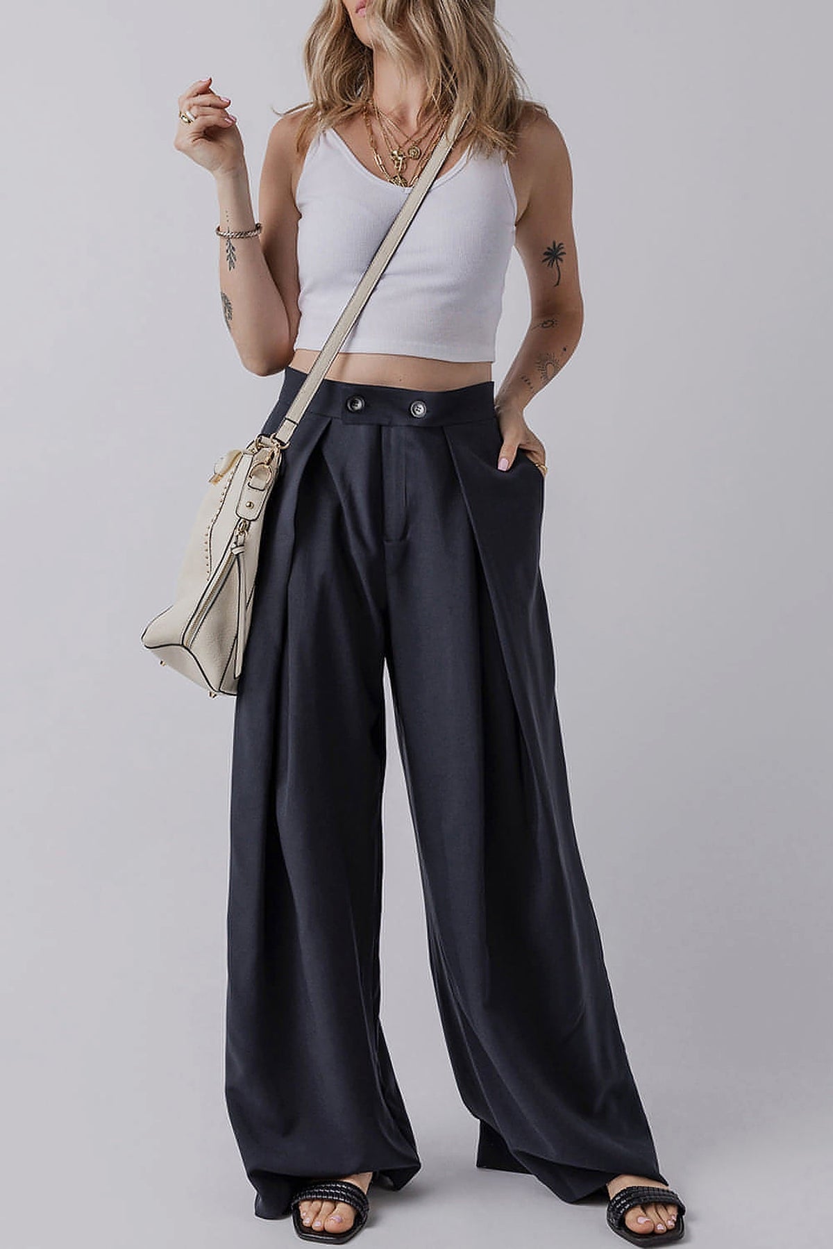 Dirty blue Dual Buttoned High Waist Pleated Wide Leg Pants - enhanced image 6