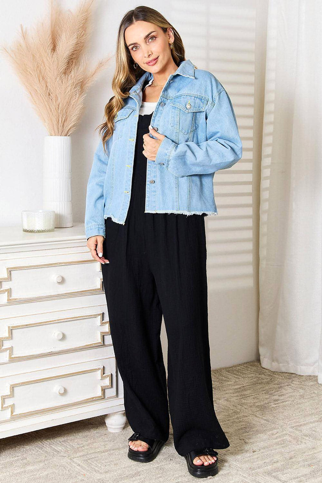 Double Take Dropped Shoulder Raw Hem Denim Jacket - enhanced image 6