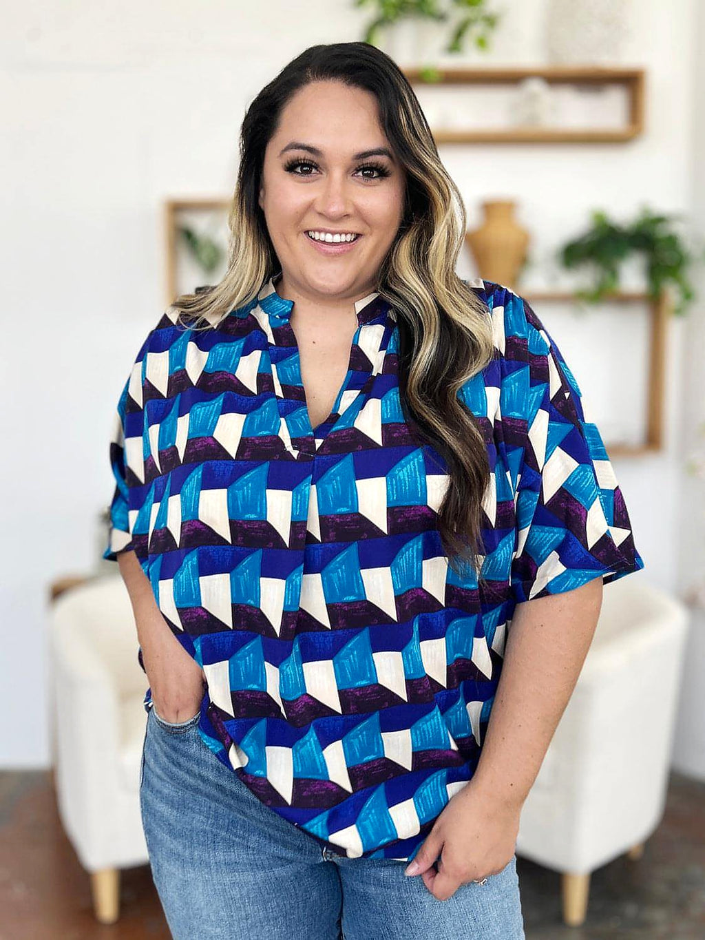 Double Take Full Size Geometric Notched Half Sleeve Blouse - enhanced image 6