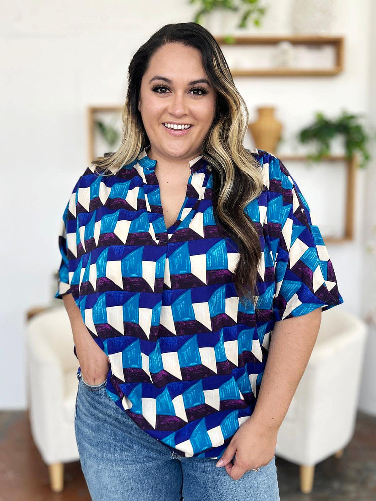 Double Take Full Size Geometric Notched Half Sleeve Blouse - enhanced image 6
