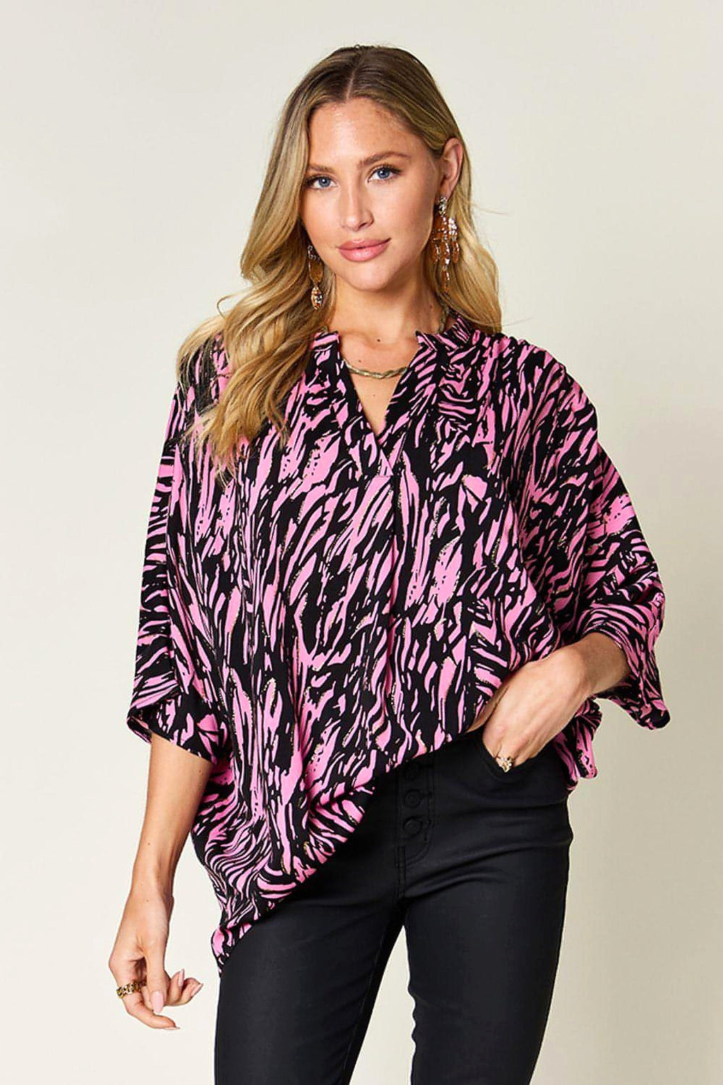 Double Take Full Size Printed Notched Three-Quarter Sleeve Blouse - enhanced image 6