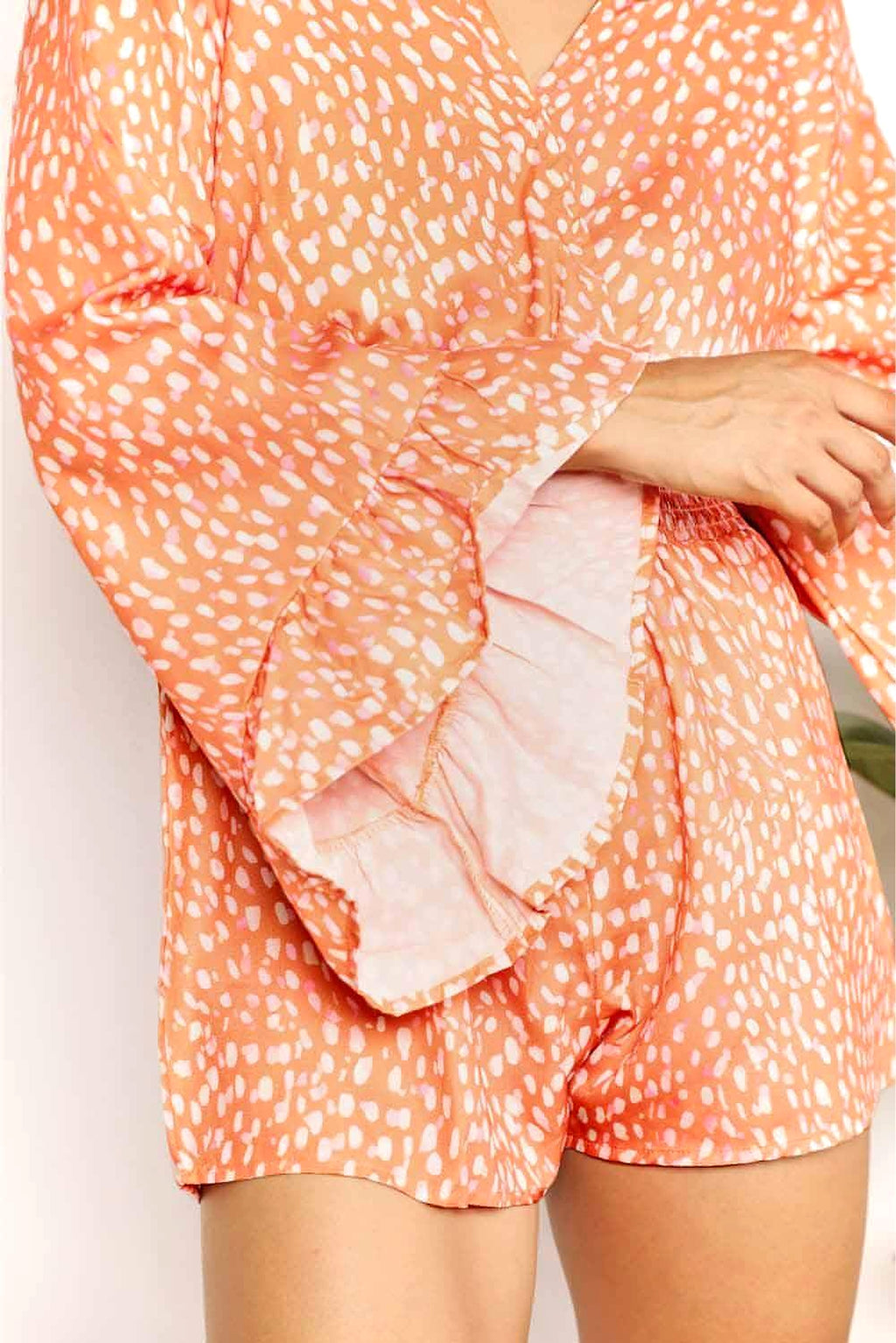 Double Take Printed Flare Sleeve Surplice Romper - enhanced image 6