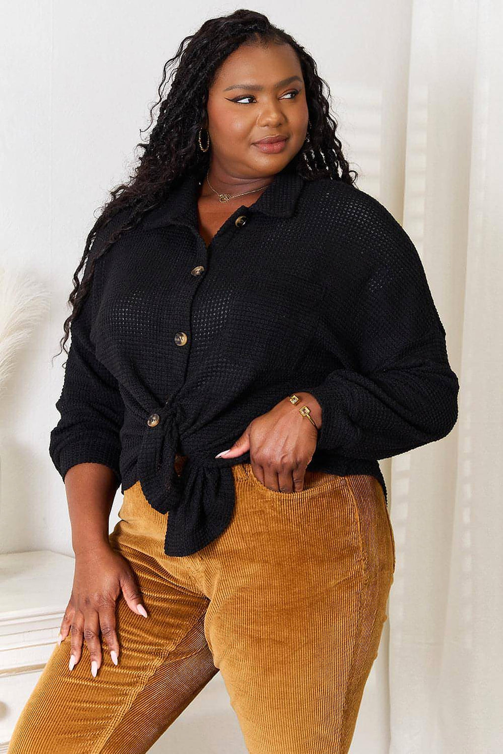 Double Take Waffle-Knit Collared Neck Dropped Shoulder Shirt - enhanced image 6