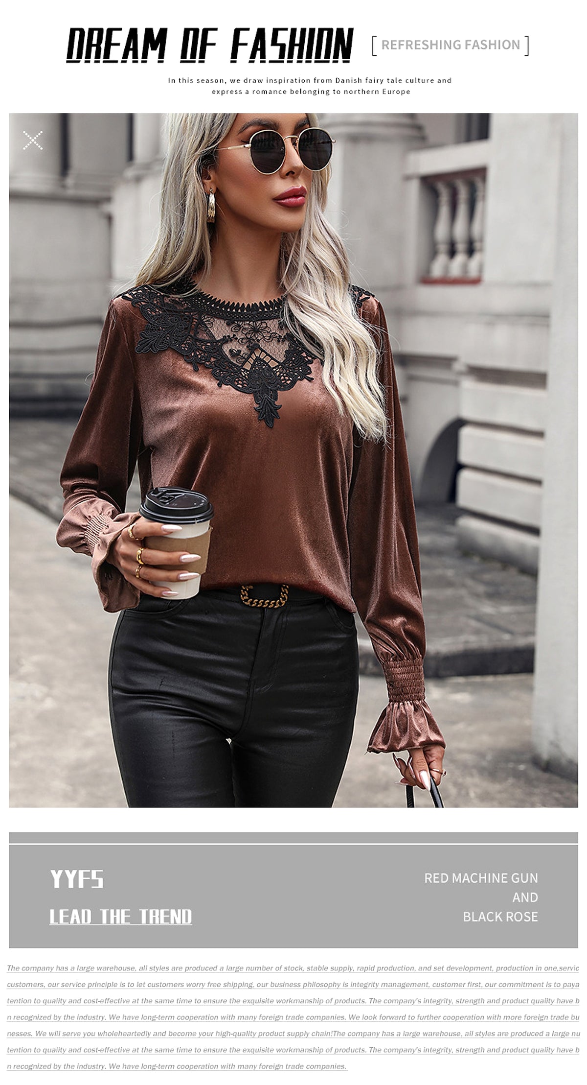 Elegant Velvet T-shirt Lace Stitching Smocking Loose Long Sleeve Top - enhanced image 6