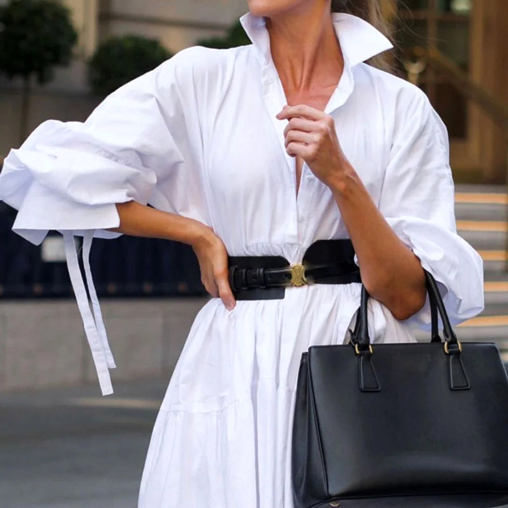 Fashion Pure White Lapel Belt Dress - enhanced image 6