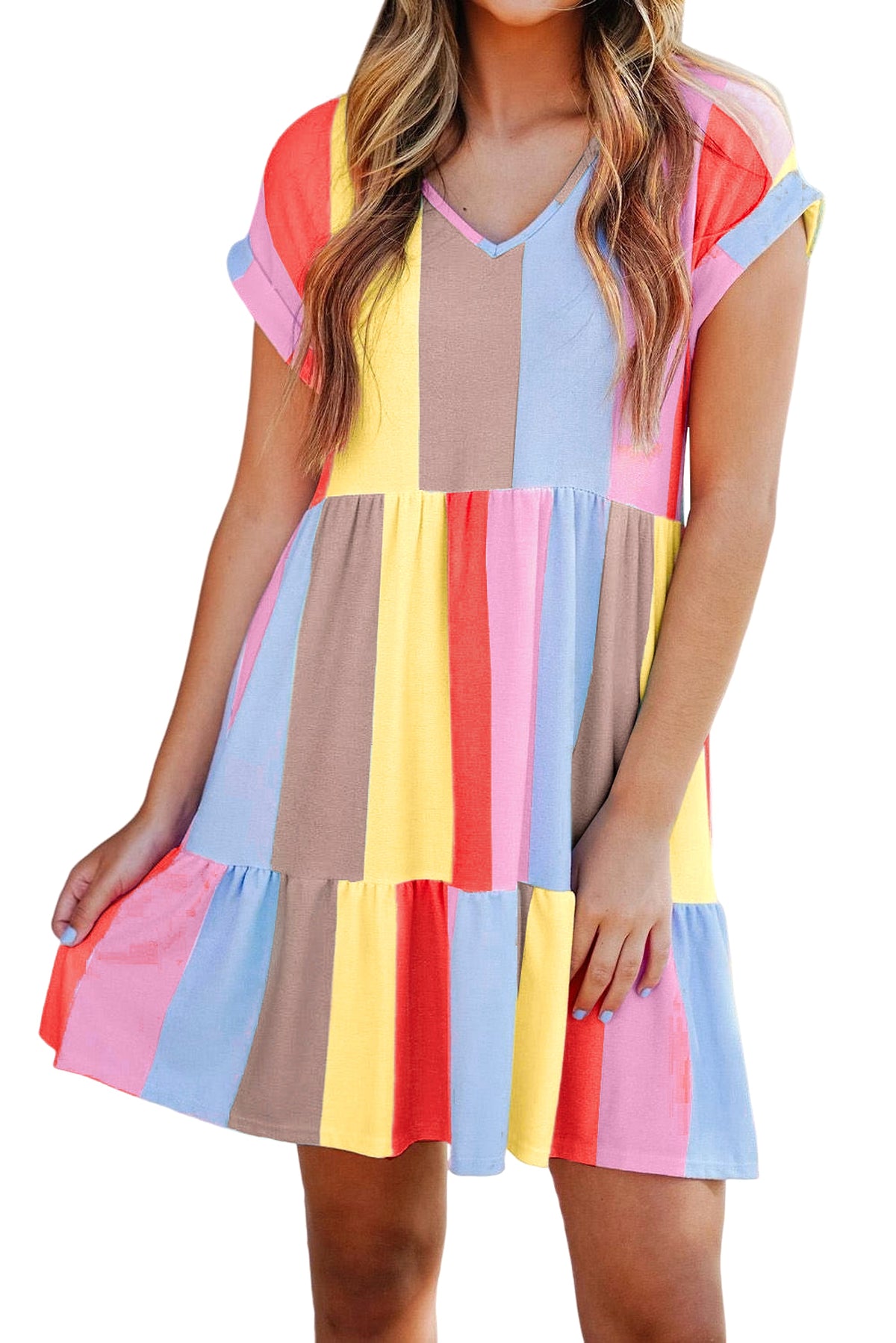 Fiery Red Multicolor Striped Color Block Tiered Mini Dress - enhanced image 6