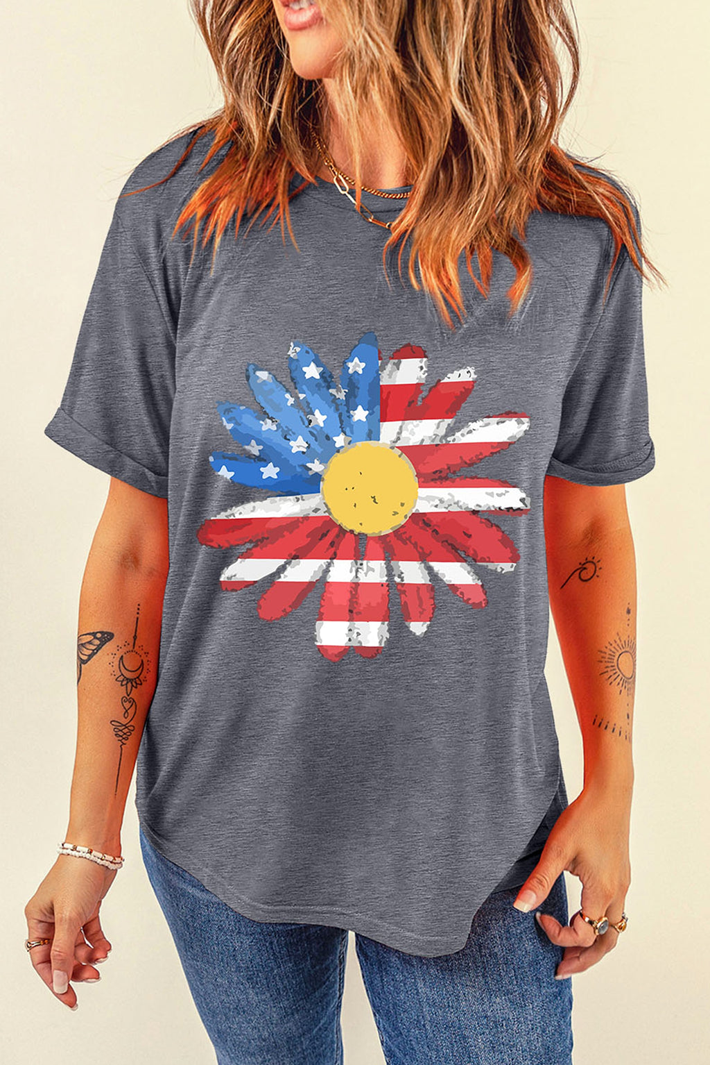 Gray Flag Pattern Sunflower Graphic Crew Neck Tee - enhanced image 6