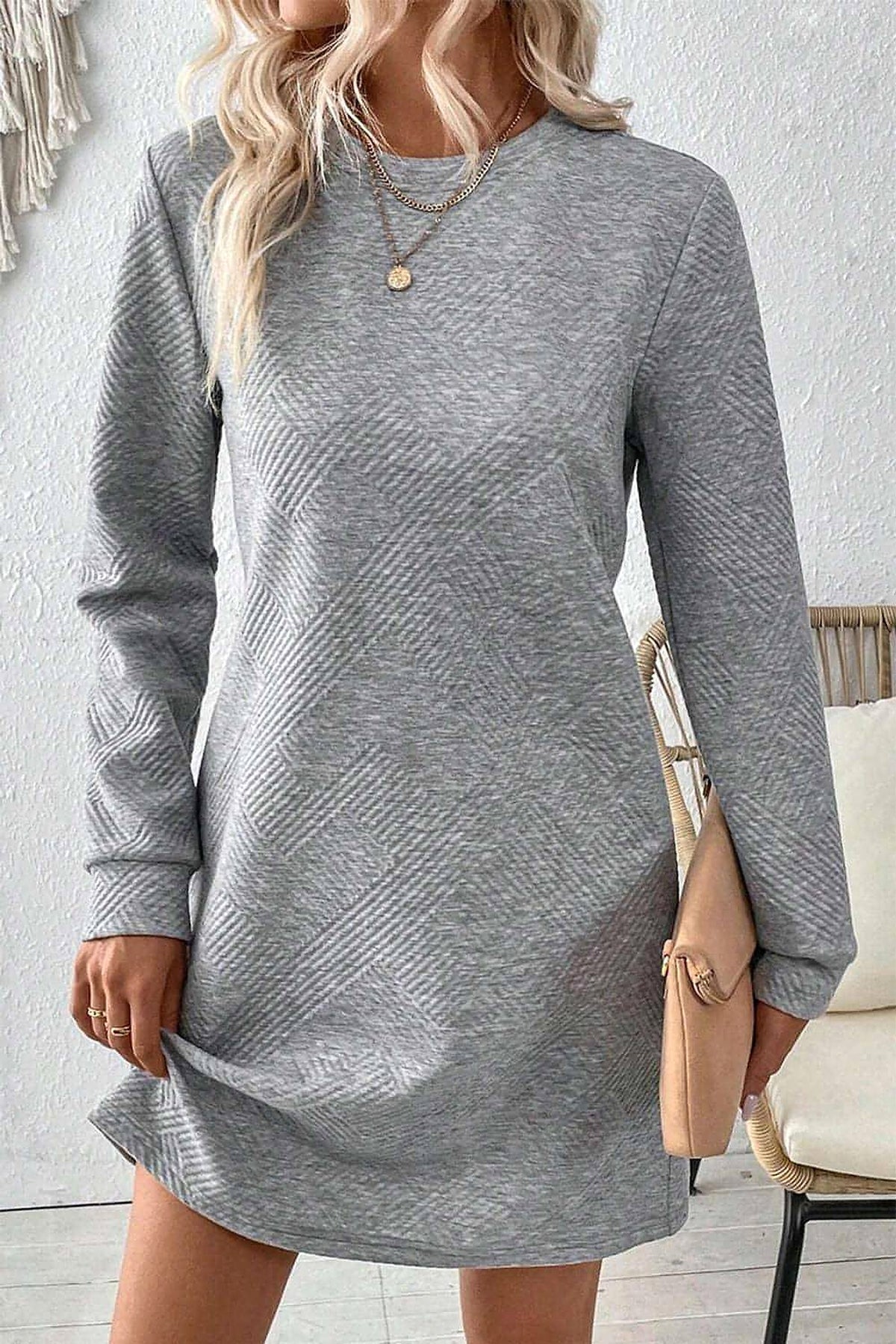 Gray Solid Color Textured Long Sleeve Shift Dress - enhanced image 6