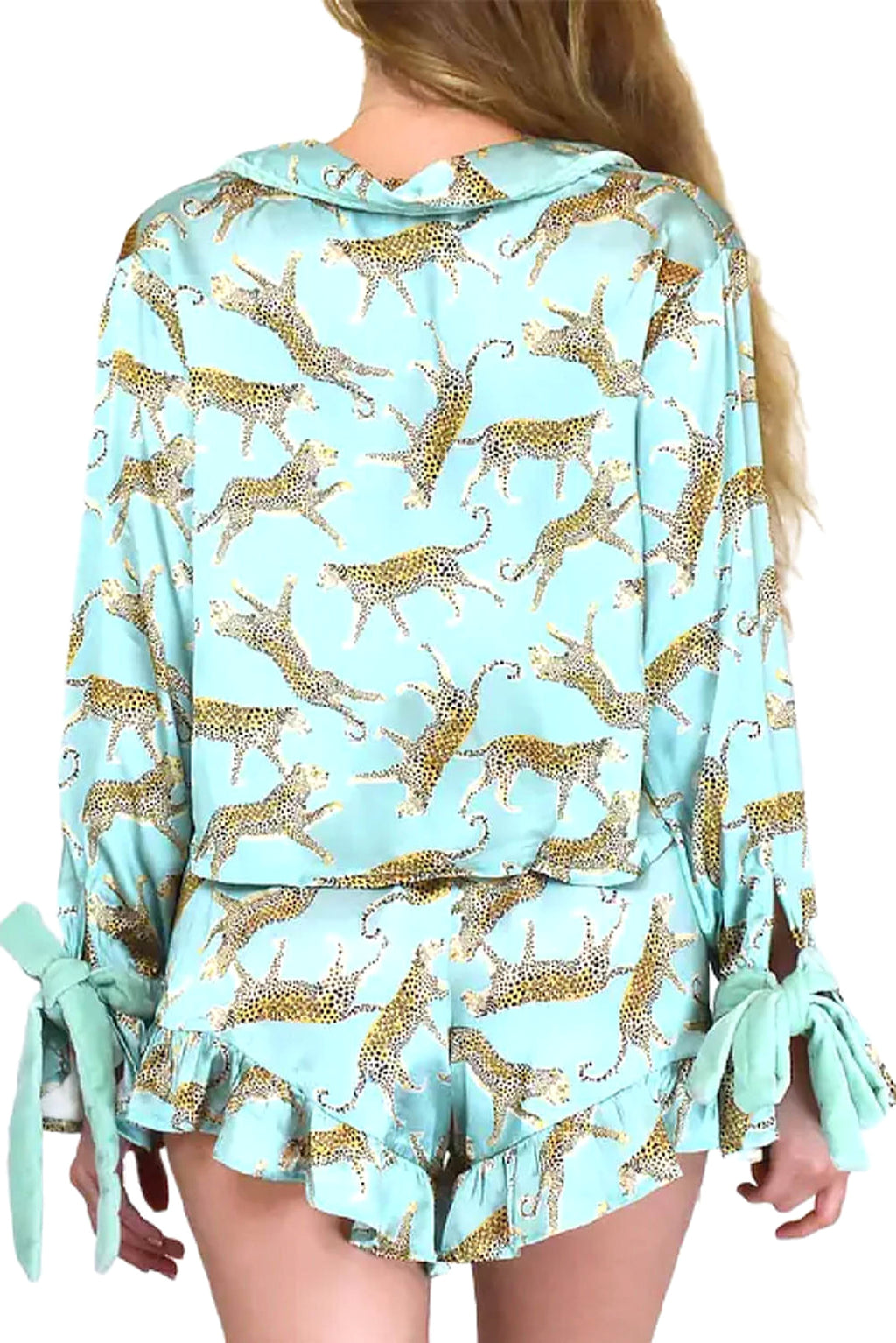 Green Leopard Satin Ruffle Pajama Short Set - enhanced image 6