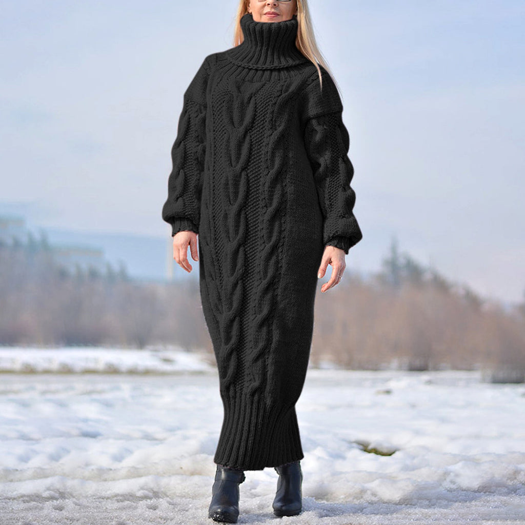 High Neck Pullover Cable Loose Knitted Wool Dress - enhanced image 6