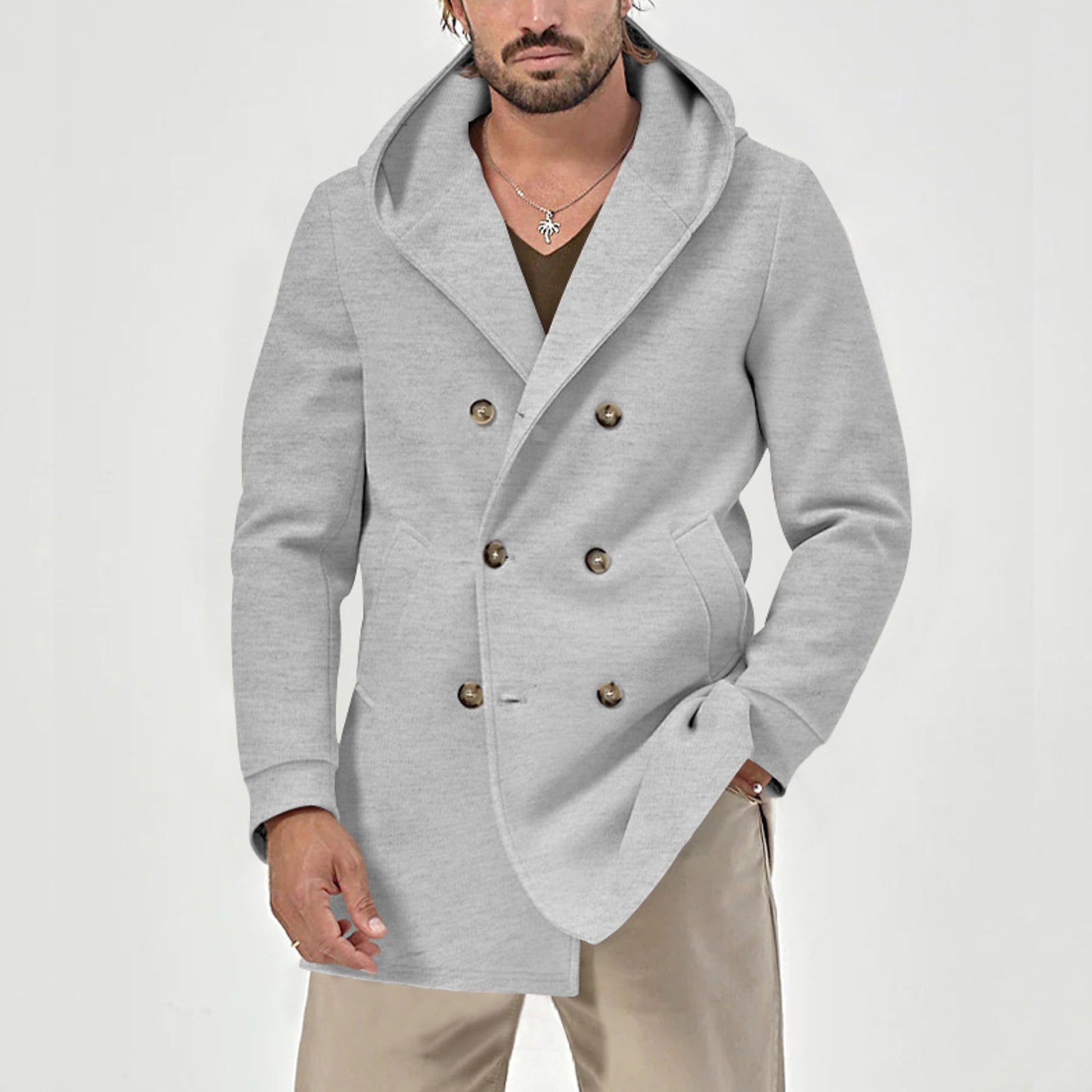 A1. Hooded Double-breasted Casual Mid-length Trench Coat - enhanced image 6