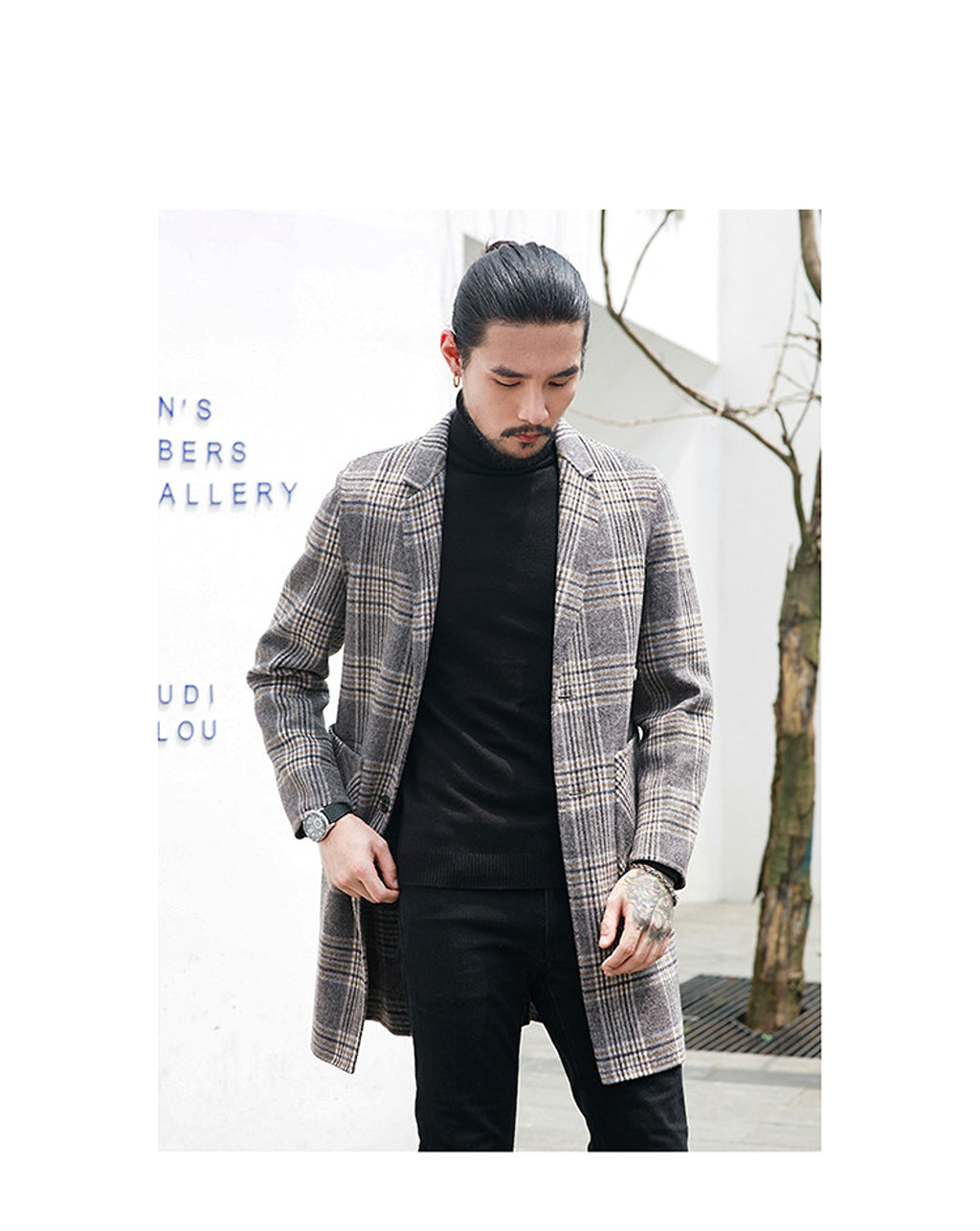 Houndstooth reversible men's plaid woolen trench coat - enhanced image 6