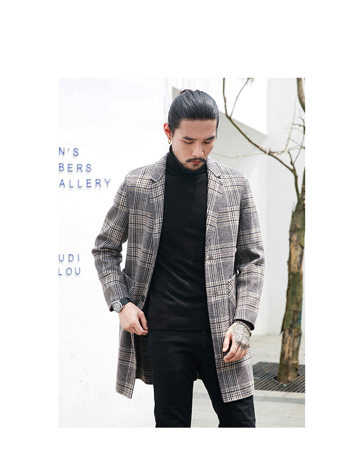 Houndstooth reversible men's plaid woolen trench coat - enhanced image 6