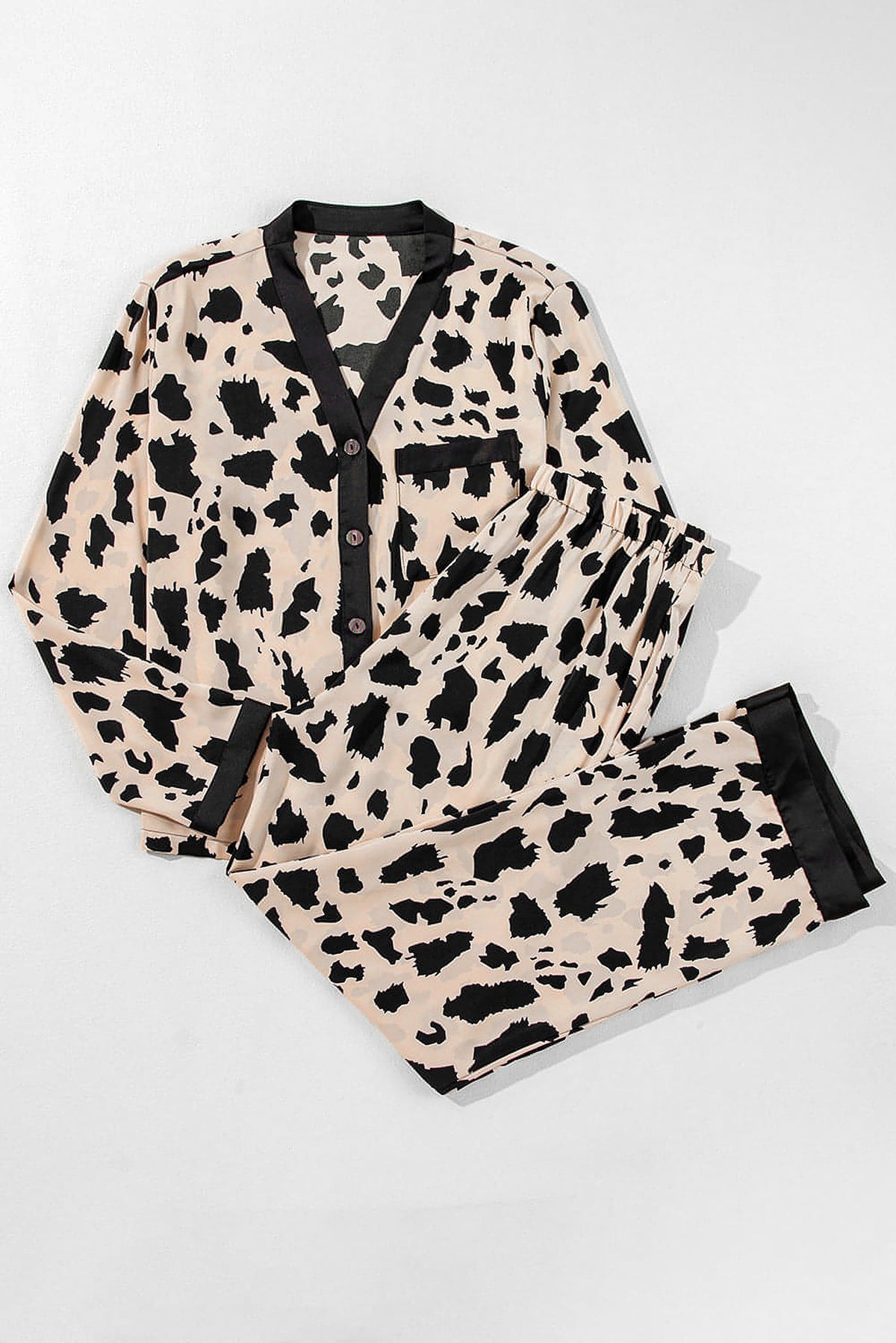 Khaki Cheetah Contrast Trim Loose Fit Two Piece Sleepwear - enhanced image 6