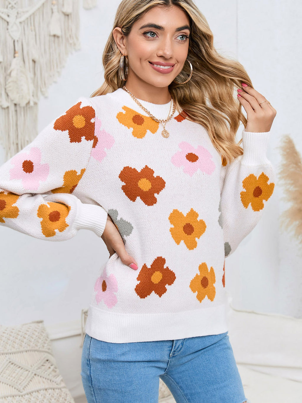 Knitted Thread Sweater Women's Flower - enhanced image 6
