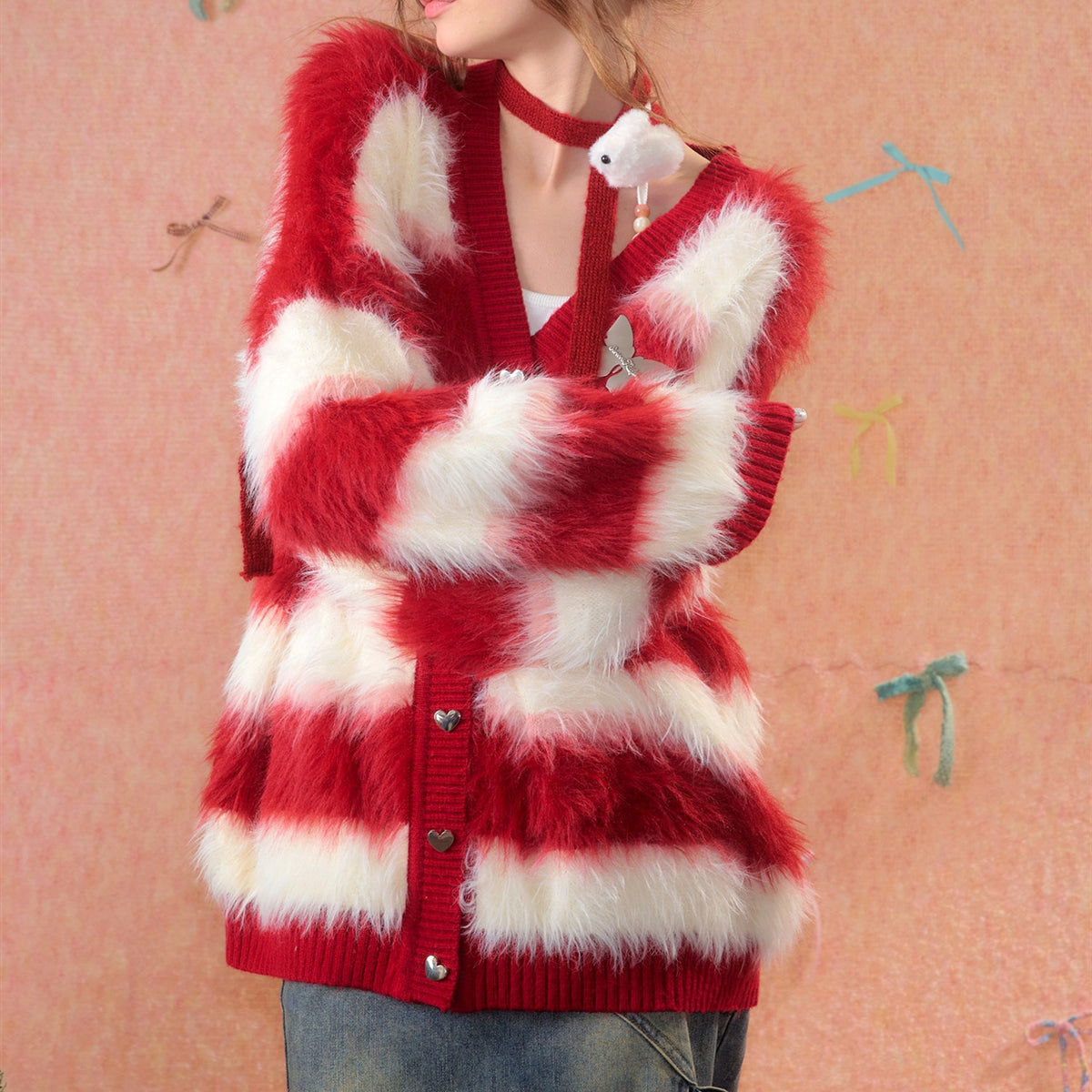 Lady In A Thick Red Sweater With Stripes - enhanced image 6