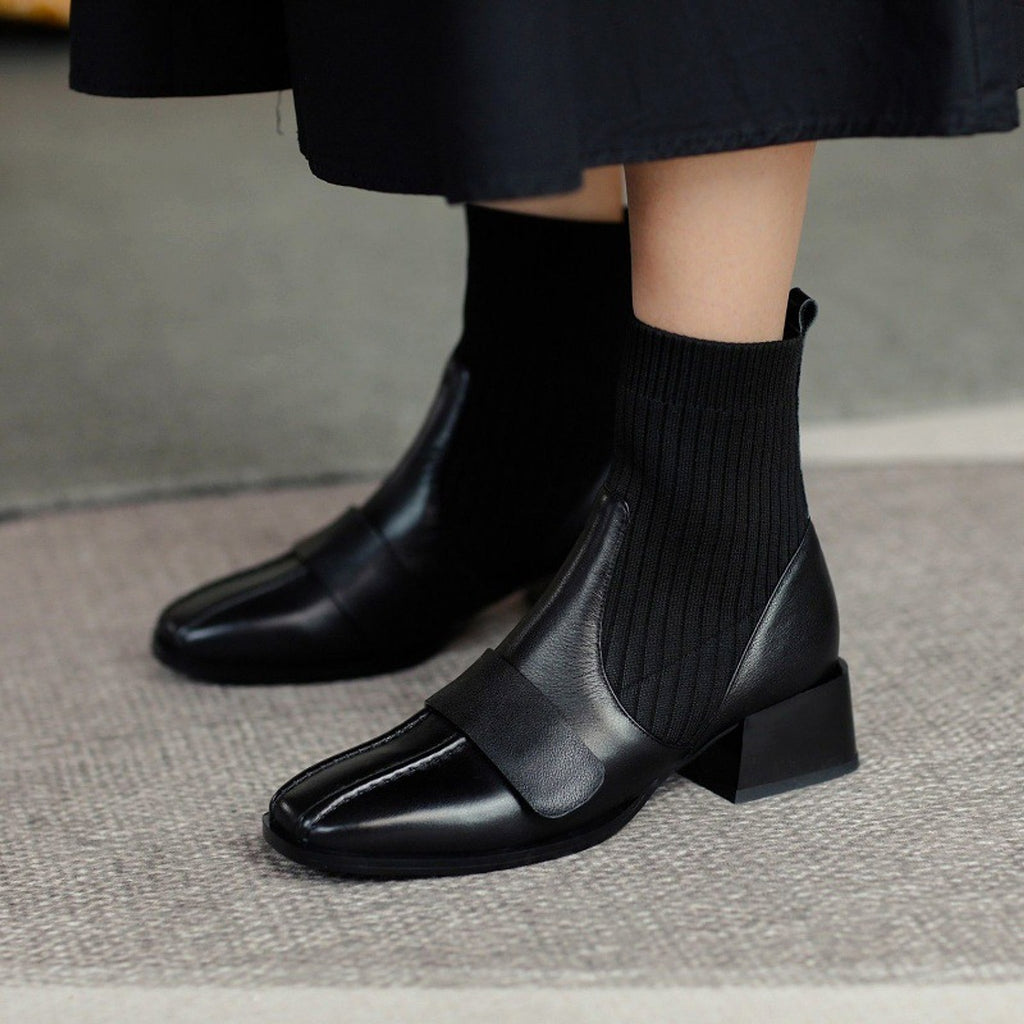 Large Brown Square Toe Mid-heel Soft Leather Shoes - enhanced image 6