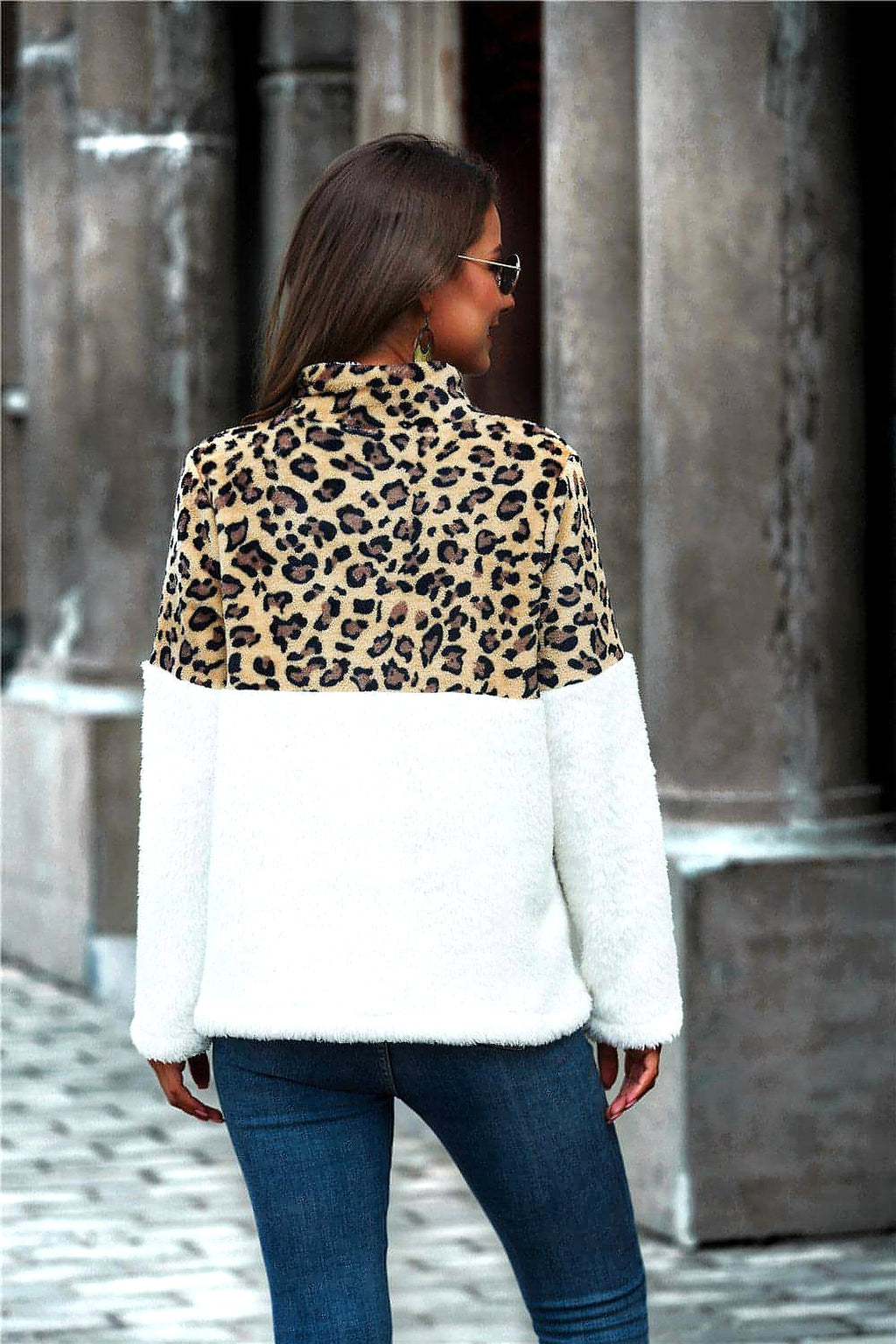 Leopard Color Block Half-Zip Collar Teddy Sweatshirt - enhanced image 6
