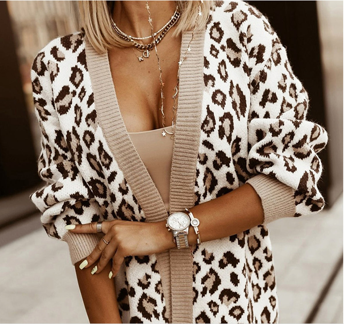 Leopard Print Design Knitted Cardigan Sweater - enhanced image 6