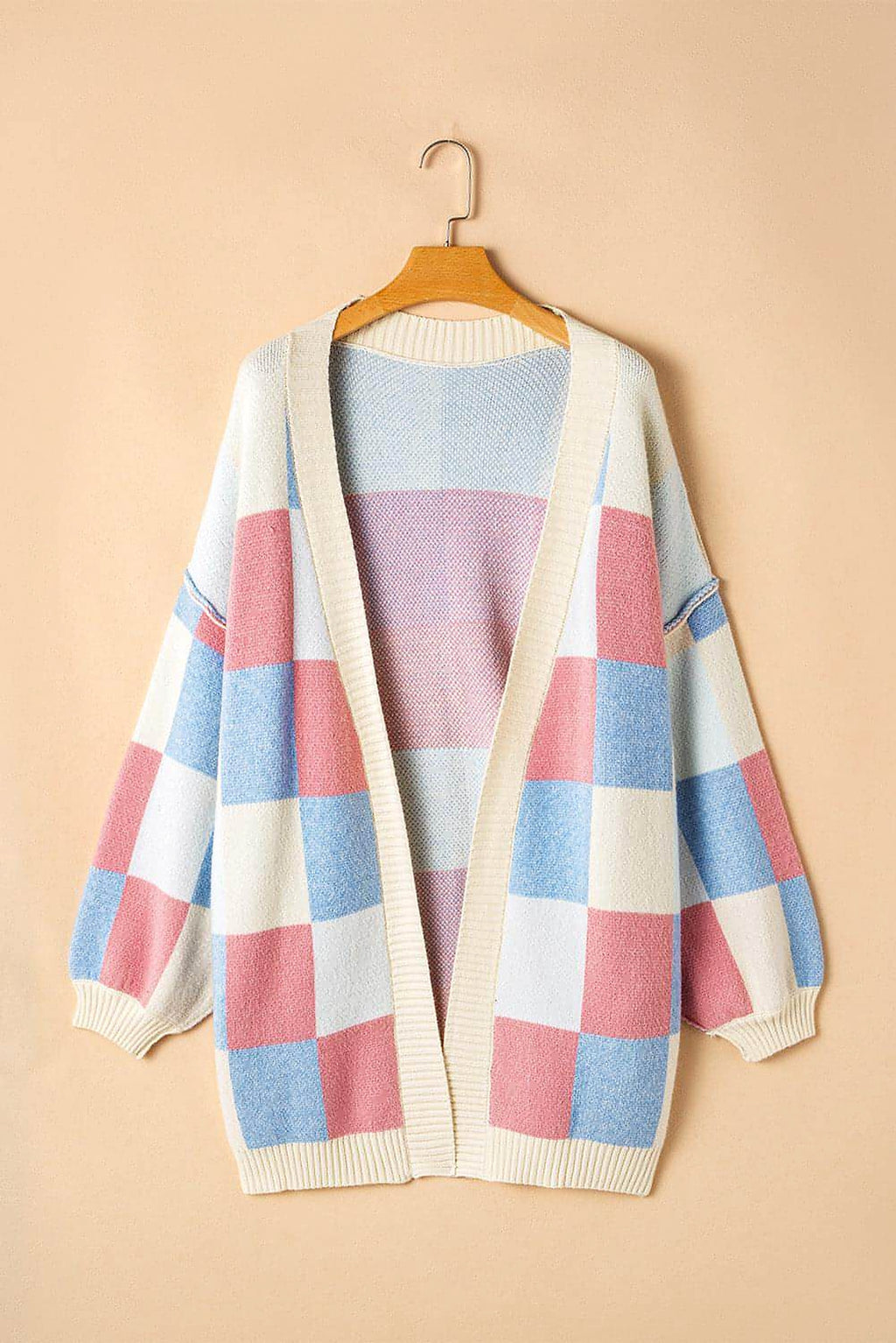 Light Blue Checkered Drop Shoulder Exposed Seam Open Front Cardigan - enhanced image 6