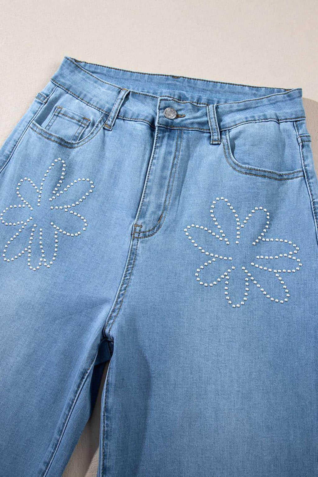 Light Blue Floral Rhinestone Decor High Rise Wide Leg Jeans - enhanced image 6