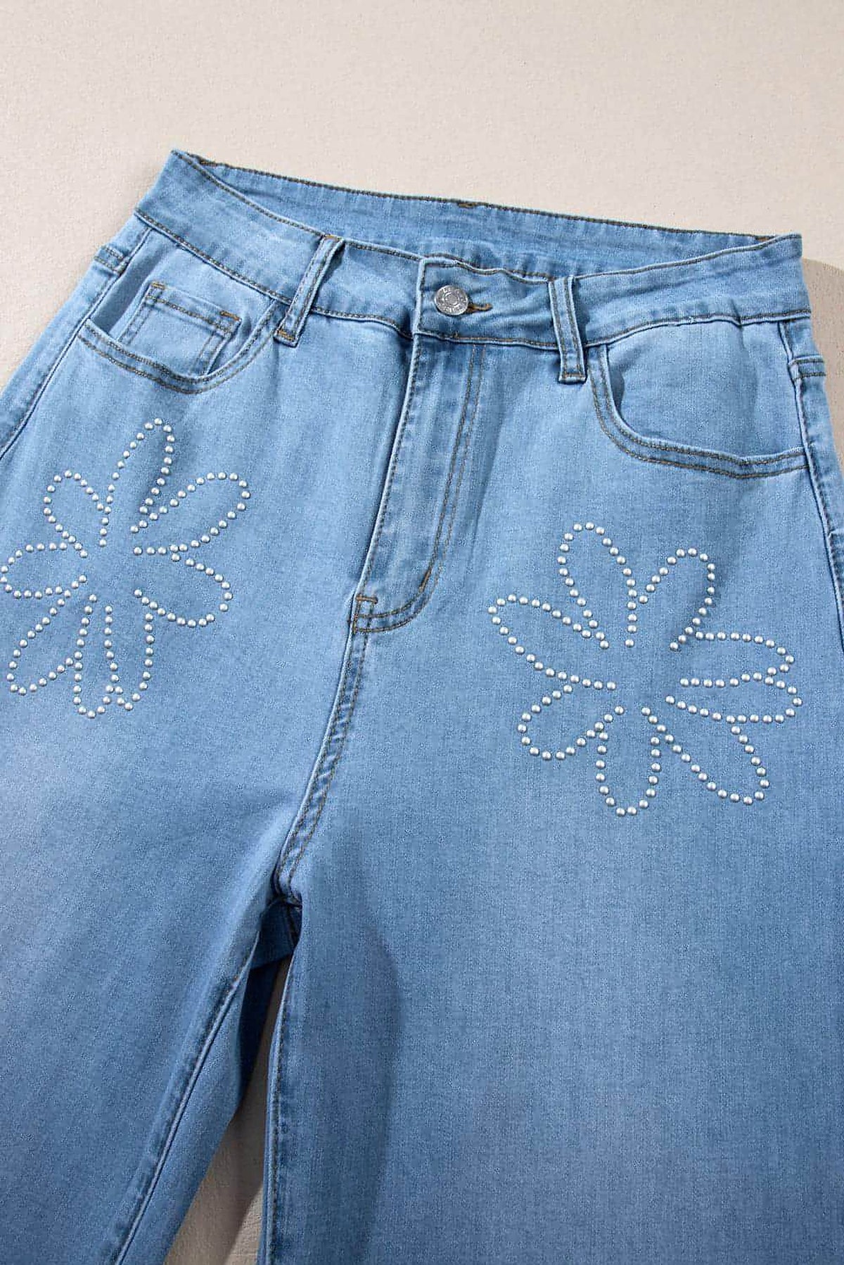 Light Blue Floral Rhinestone Decor High Rise Wide Leg Jeans - enhanced image 6