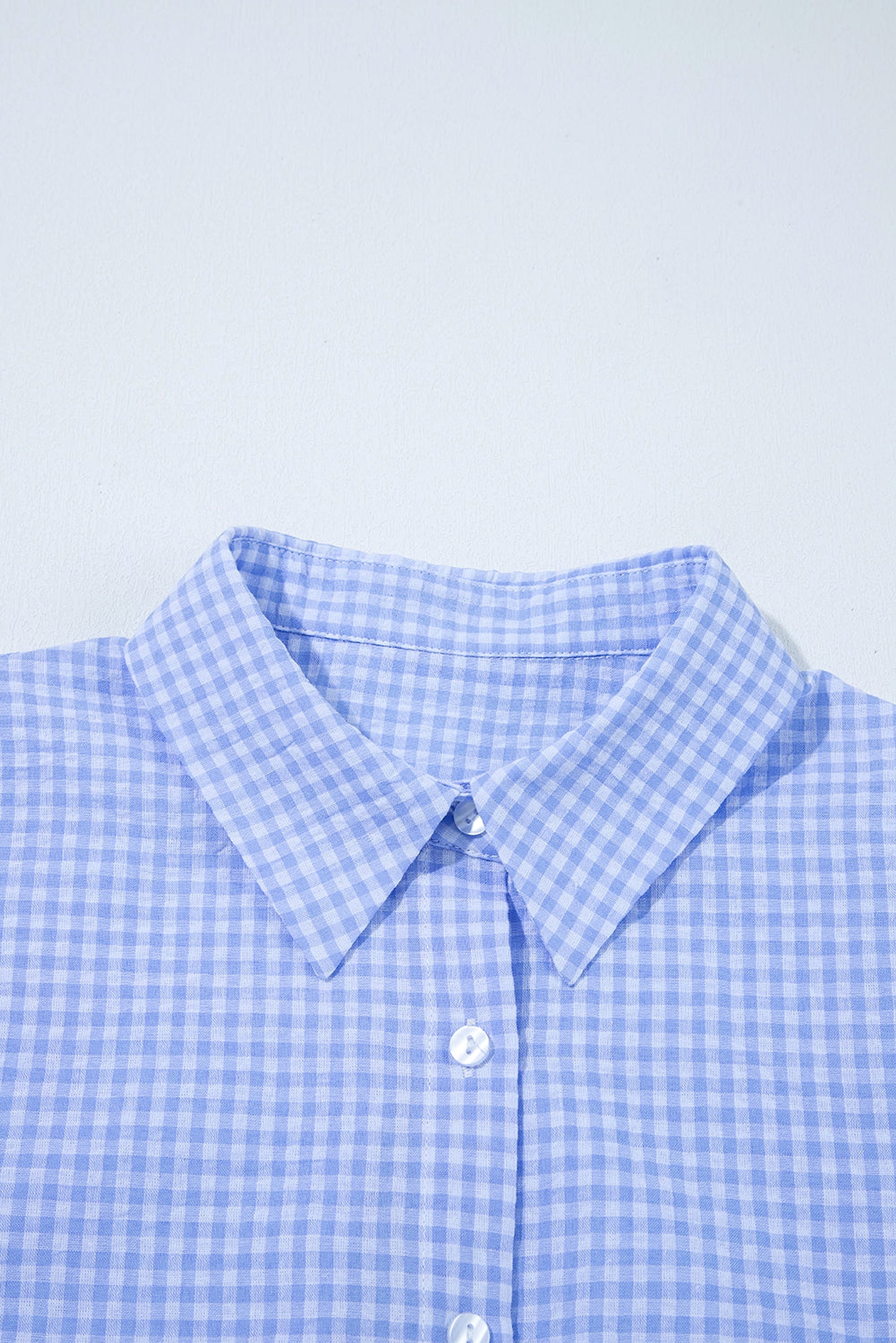 Light Blue Gingham Short Puff Sleeve Button Up Shirt - enhanced image 6