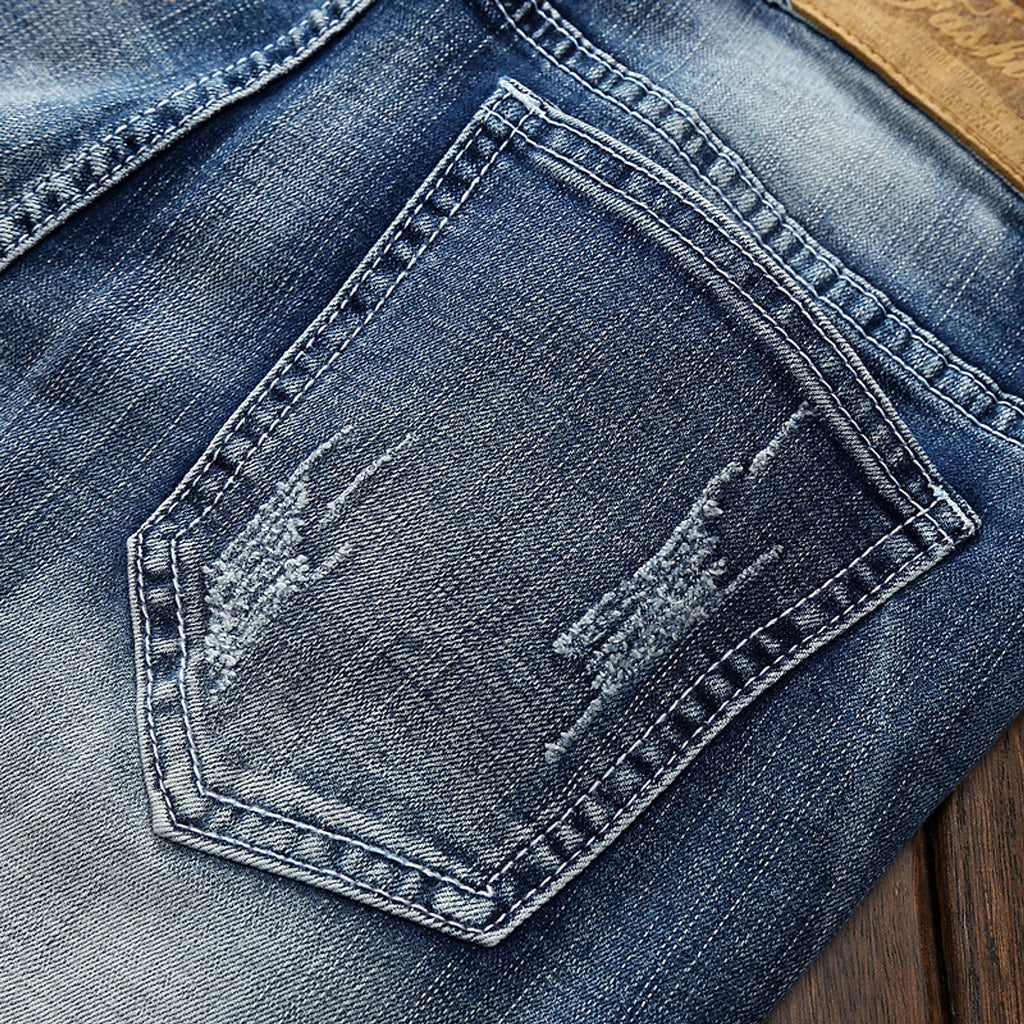 Light-colored Ripped Jeans Men's Scraped Broken Trousers Slim Small Straight Leg Pants - enhanced image 6