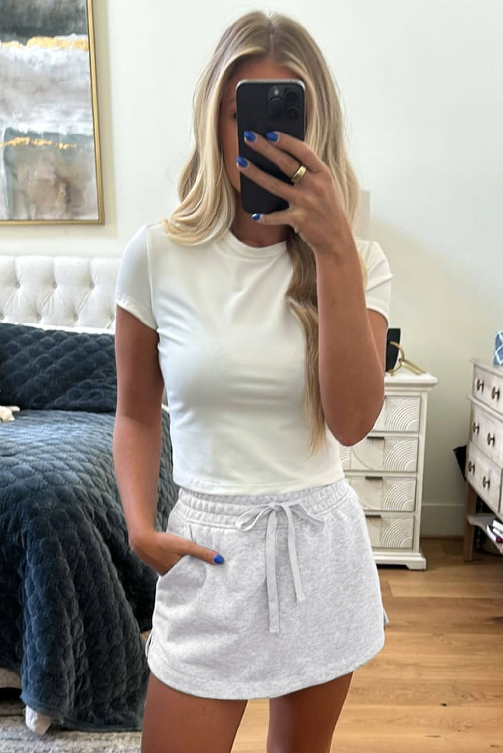 Light Grey French Terry Drawstring Mini Skort with Pockets - enhanced image 6