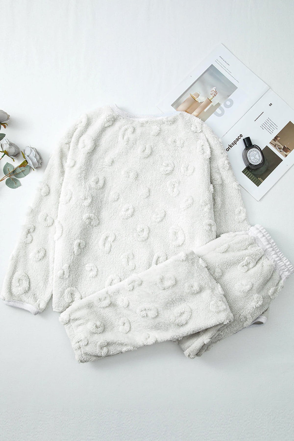 Light Grey Leopard Textured Loose Fit Fleece Lounge Set - enhanced image 6