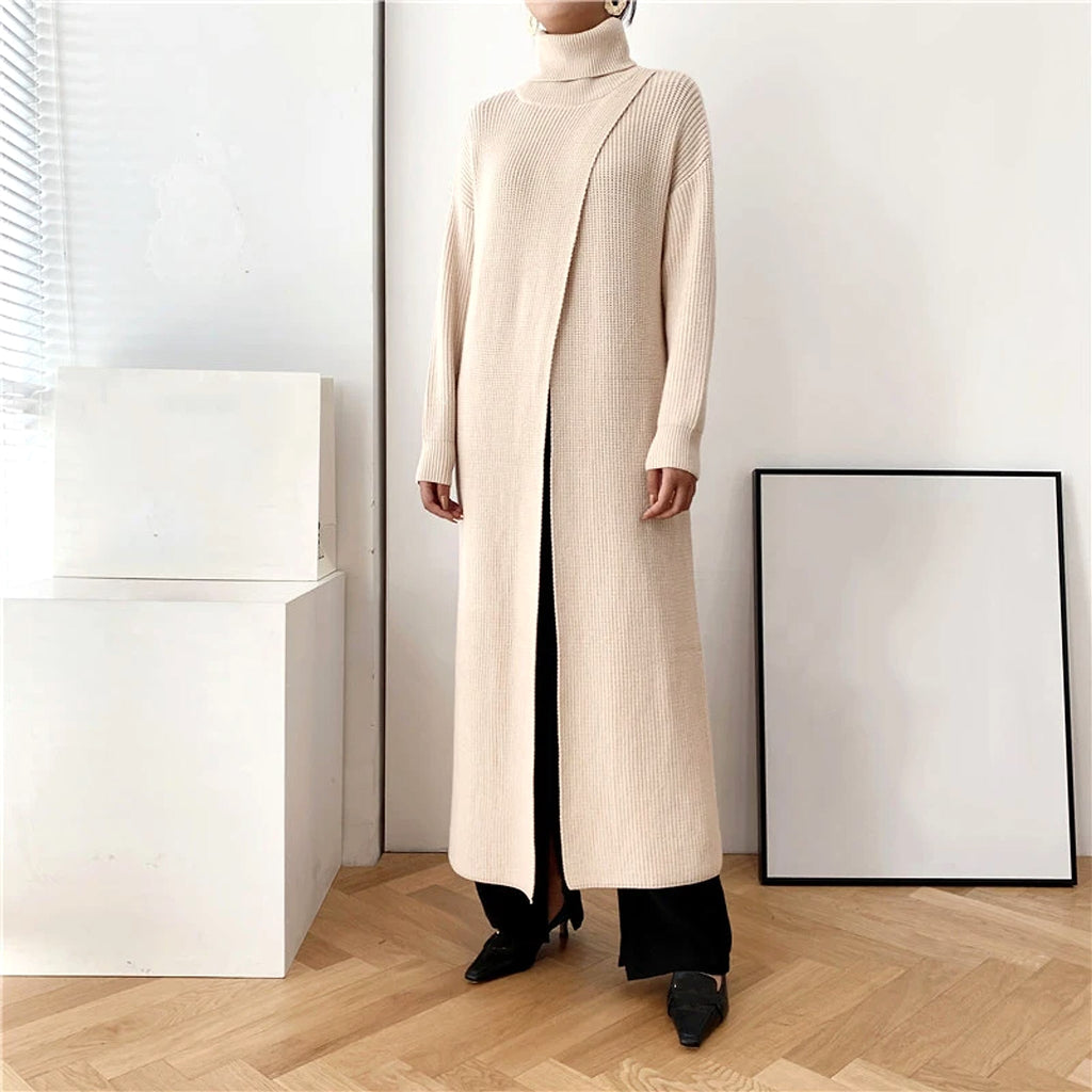 A.1 Long Knit Turtleneck Sweater Long Skirt Pullover Bottoming With Slits And Slim Fit - enhanced image 6