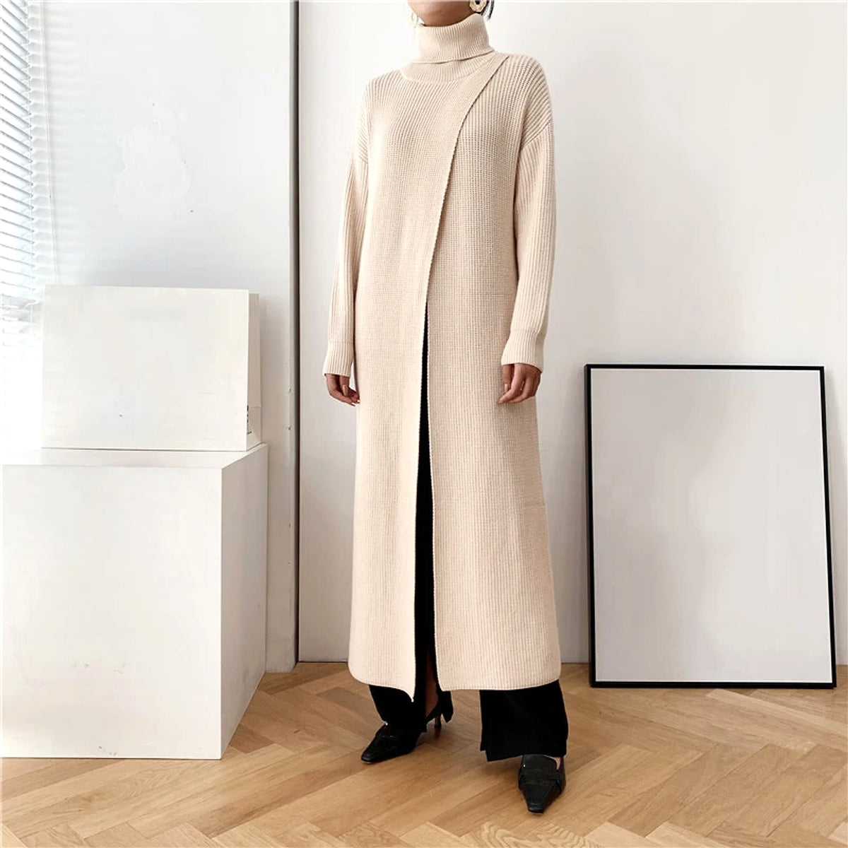 A.1 Long Knit Turtleneck Sweater Long Skirt Pullover Bottoming With Slits And Slim Fit - enhanced image 6