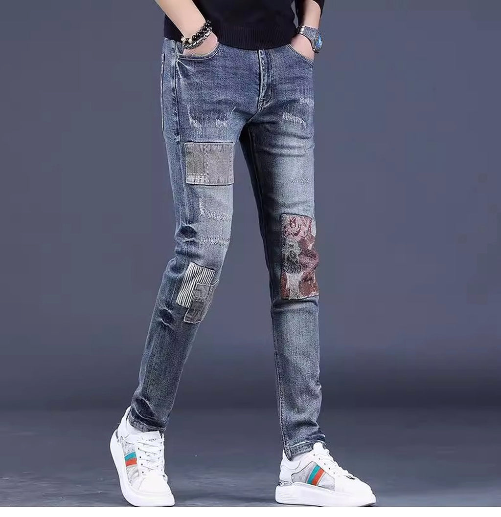 Men's Contrast Color Patch Hole Slim-fit Pants - enhanced image 6