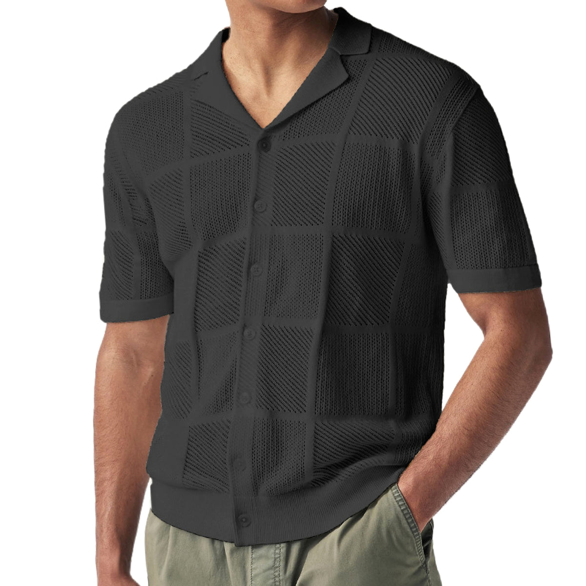 Men's Knit Cardigan Thin Hollow Polo Collar Short Sleeve Top - enhanced image 6