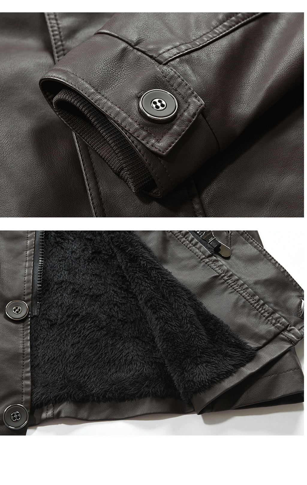 Men's Mid-length Fleece-lined Casual Stand Collar Leather Wind Coat - enhanced image 6