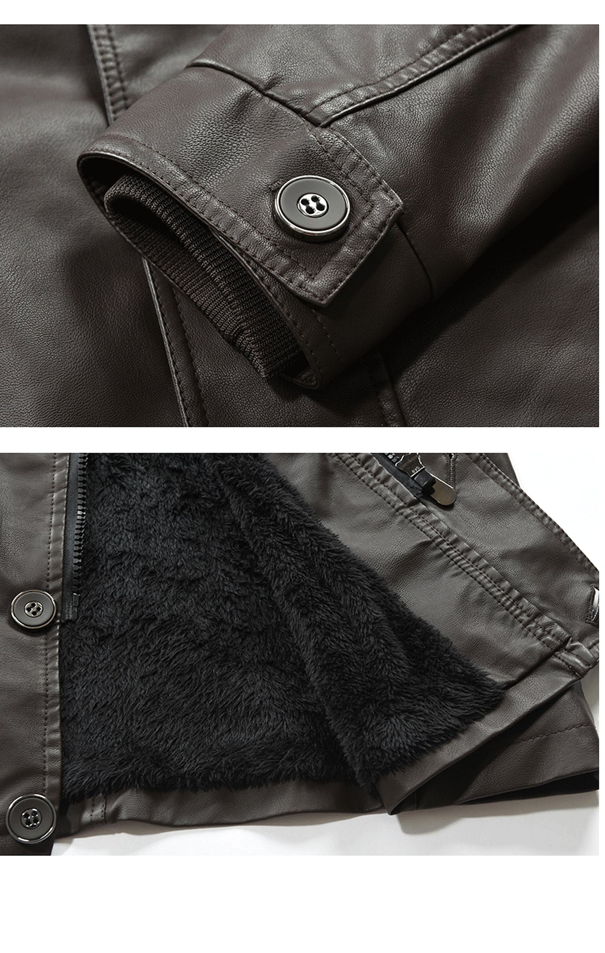 Men's Mid-length Fleece-lined Casual Stand Collar Leather Wind Coat - enhanced image 6