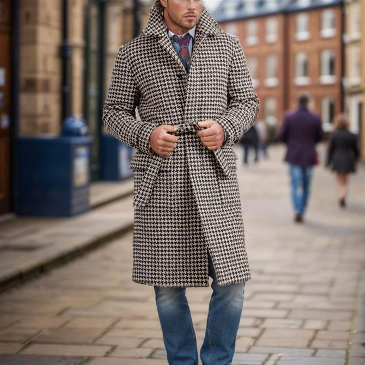 Men's Mid-length Woolen Trench Coat Houndstooth Quilted - enhanced image 6