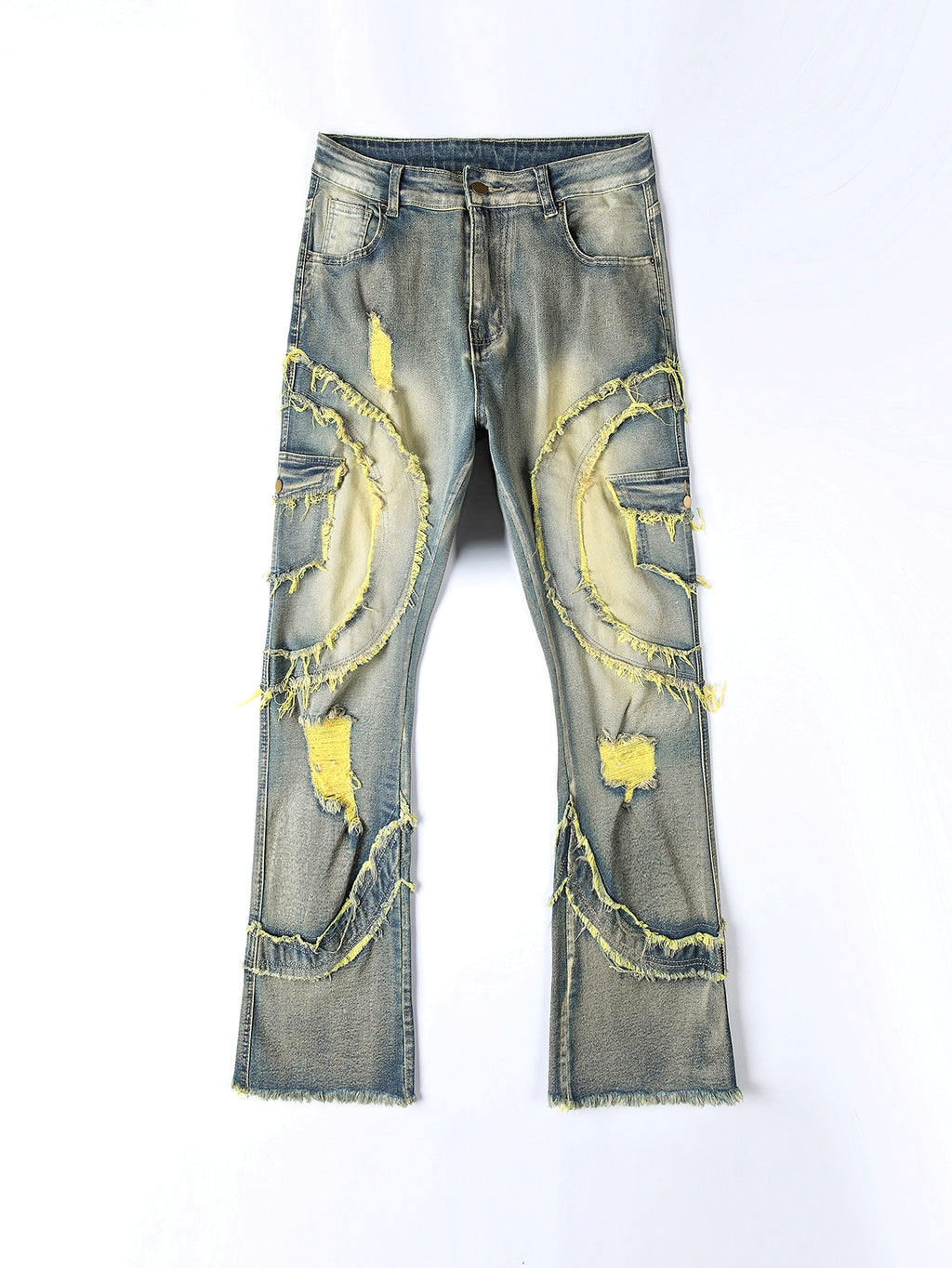 Men's Patchwork Fringe Slightly Flared Stretch Jeans - enhanced image 6